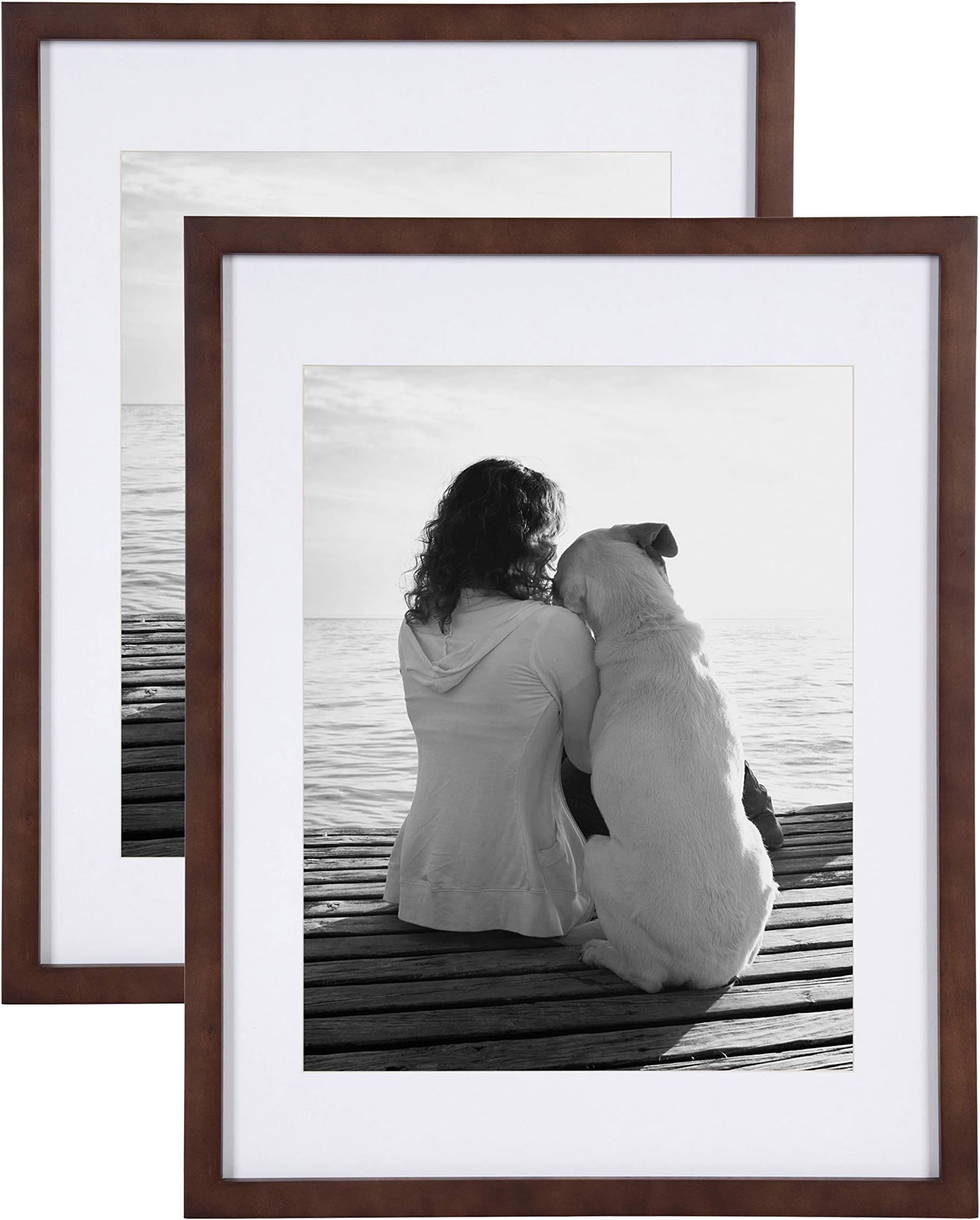 DesignOvation Gallery Wood Photo Frame Set for Customizable Wall Display, Walnut Brown 14x18 matted to 11x14, Pack of 2