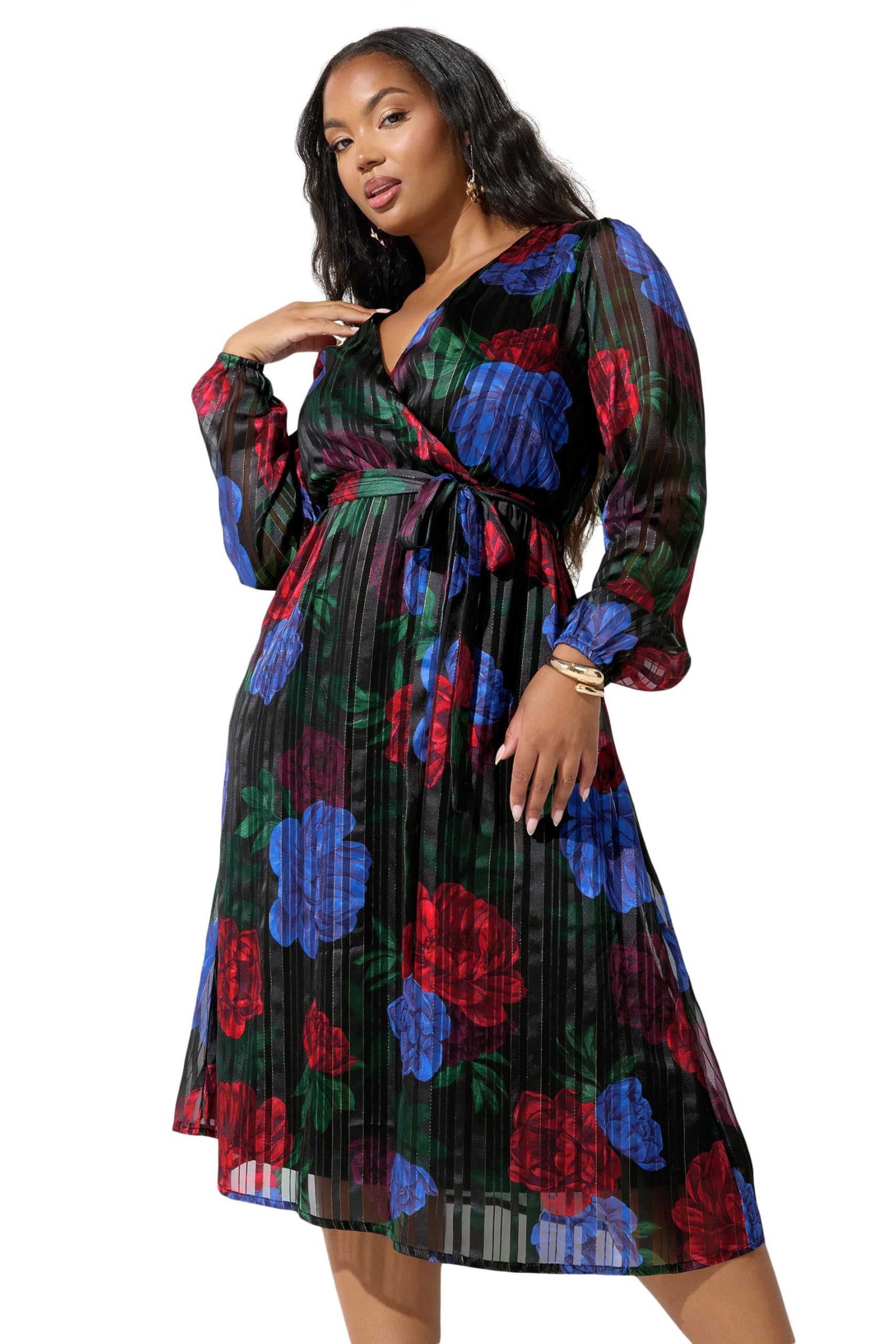 Yours London Curve Floral Metallic Wrap Dress - Women's - Plus Size Curve Black
