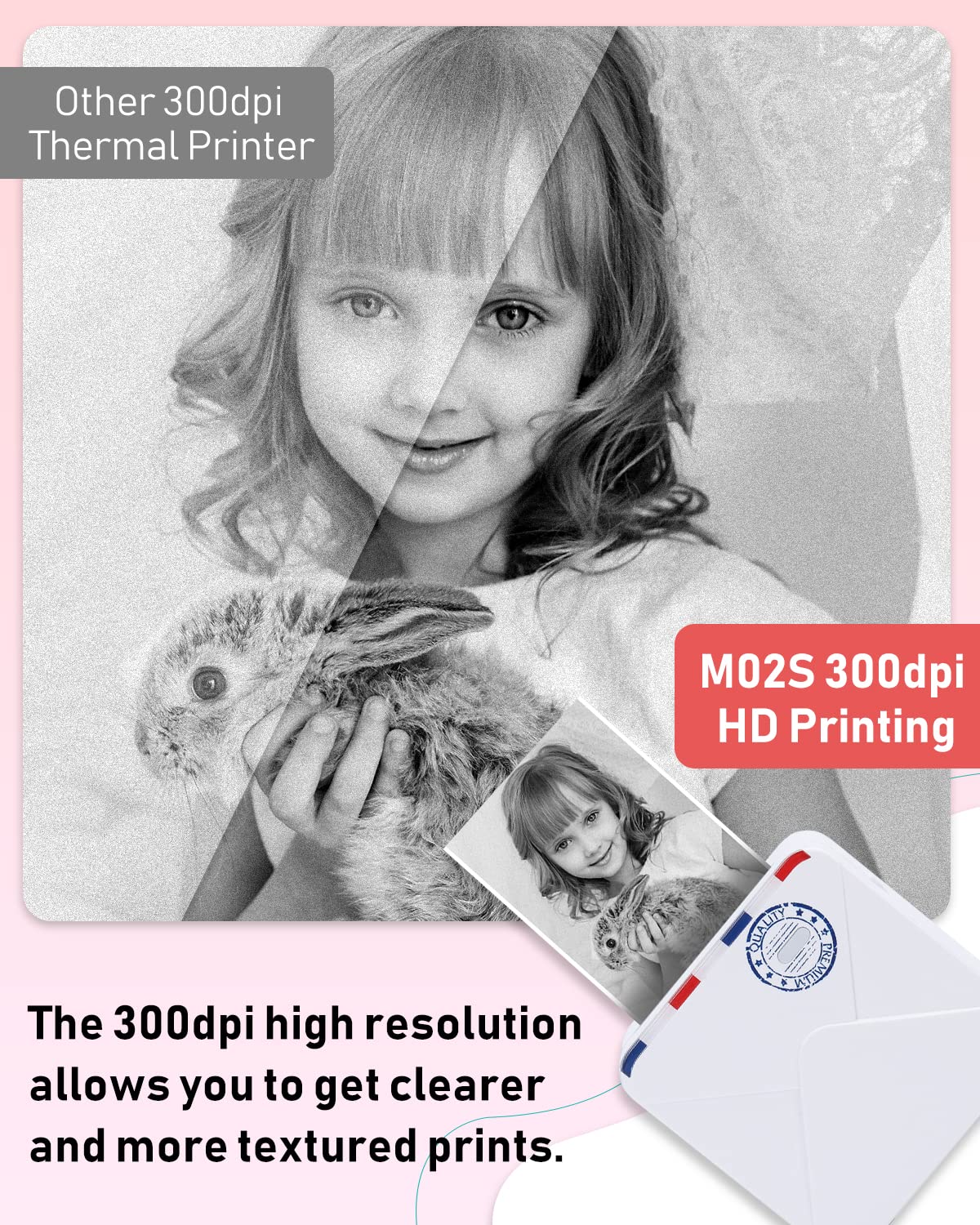Phomemo M02S 300dpi Imprimante Photo Portable, Mini Thermique Bluetooth Imprimante de Poche Compatible avec Papier 15,25,53mm, pour Impression Photo, Journal, Cadeau, Étiquettes Maison - Blanc