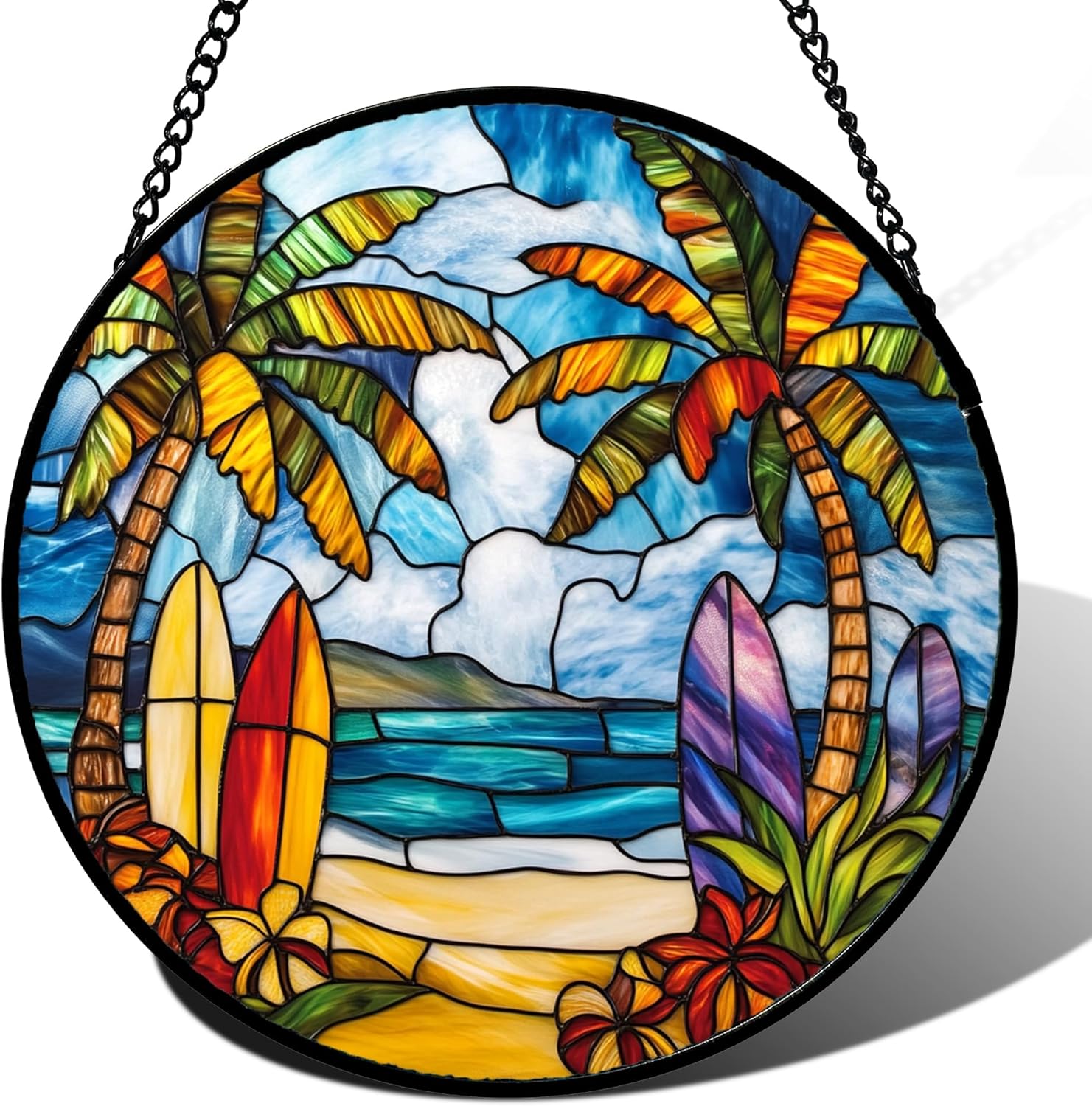 CHATYOUNG Stained Glass Window Hanging Summer Beach Coconut Tree Landscape Large 11.8" - Suncatcher Door Garden Home Decor Birthday Christmas for Men Woman Mom Nana Grandma Girl Dad