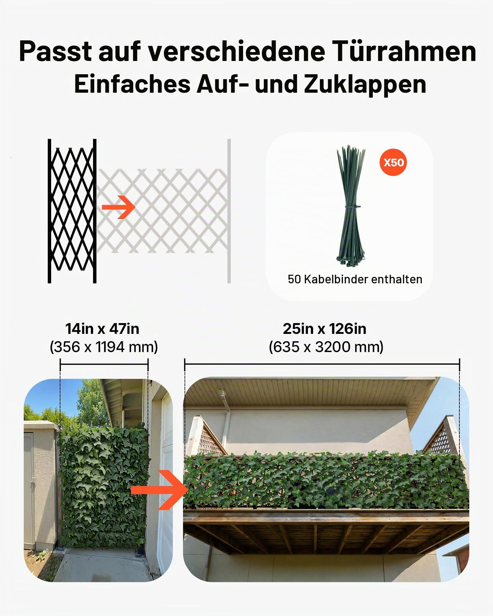 VEVOR Künstliche Hecke 63,5x320 cm, Pflanzenwand, Ausziehbarer Sichtschutz, Efeu-Sichtschutzzaun, Windschutz, Heckenzaun, Kunstpflanzen Balkonverkleidung für Hochzeiten, Außengärten, Hinterhöfe