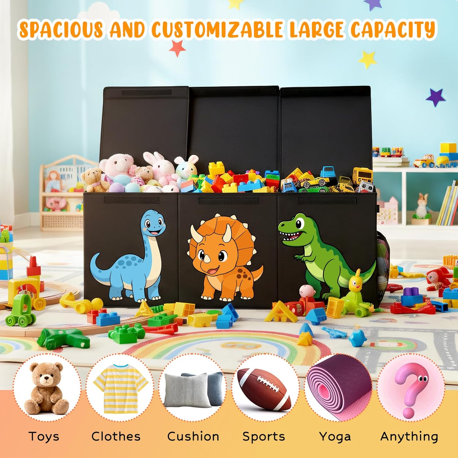 Extra Large Collapsible Toy Box Chest, Sturdy Dinosaur Toy Storage Organizer with Lids, 40"x16"x14", Toy Box for Boys Girls, Cute Kids Bin Baskets for Living Room, Playroom, Nursery, Bedroom, Black