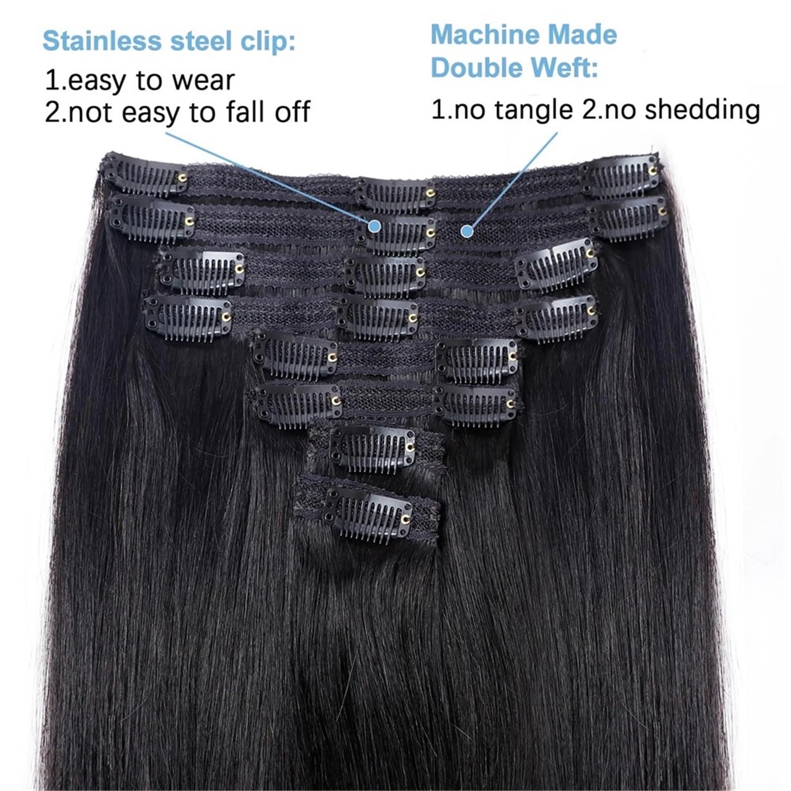 Extensiones de cabello de moda Extensiones de cabello humano liso con clip, 100% virgen brasileño sin procesar, for cabeza completa Suaves(20inches)