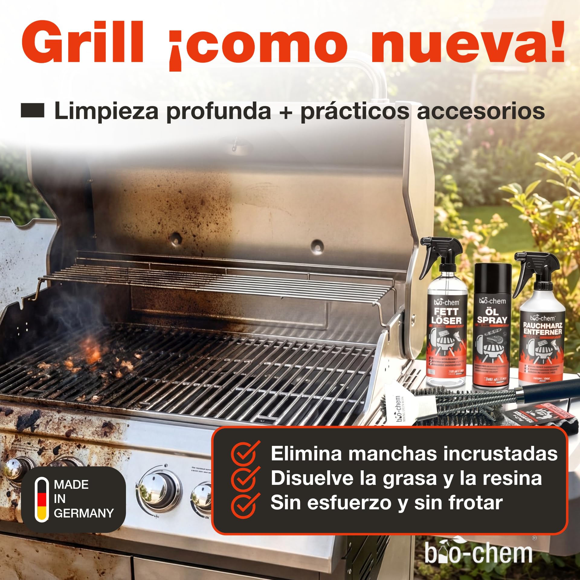 Bio-Chem - Decapante resina quemaduras 500ml - Limpiador superficies barbacoas 750ml - spray pulverizador de aceite 100ml apto para AirFryer - Con cepillo y esponja - Profi Set 5 productos | Con desengrasante, eliminador de resina de humo, spray de aceite