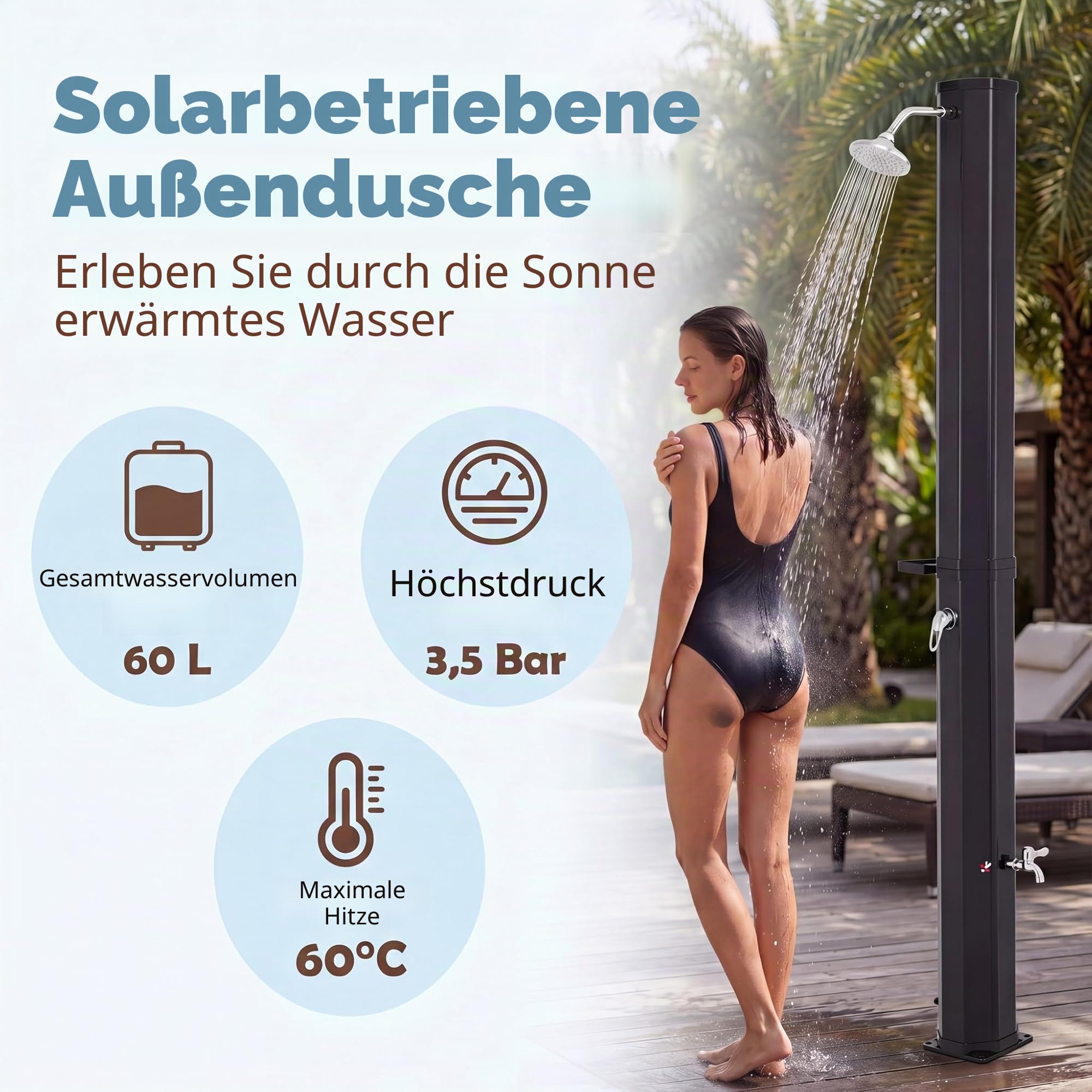 HOMASIS Solardusche 60L mit Ablage, Gartendusche mit Warmwasser bis 60°C, wetterfest Aussendusche für Garten & Pool inkl. Schutzhaube, 360° Duschkopf, Fußdusche & Wasserhahn (Schwarz)