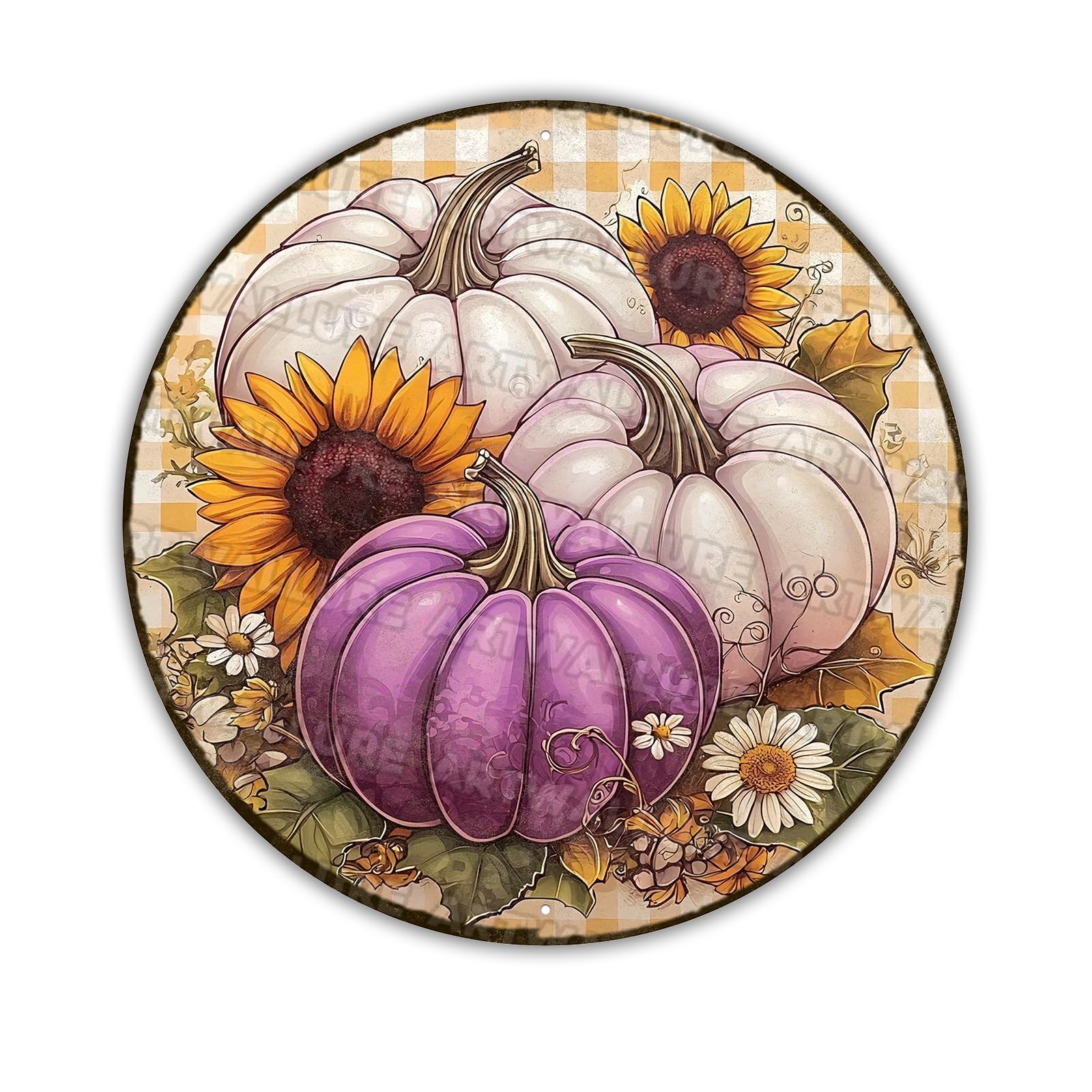 Round Purple Pumpkins Fall Wreath Sign Thanksgiving Sunflower Pumpkin Metal Tin Sign for Home Livingroom Coffee Bar Farmhouse Idyllic Wall Art Decor Gift 8x8inch