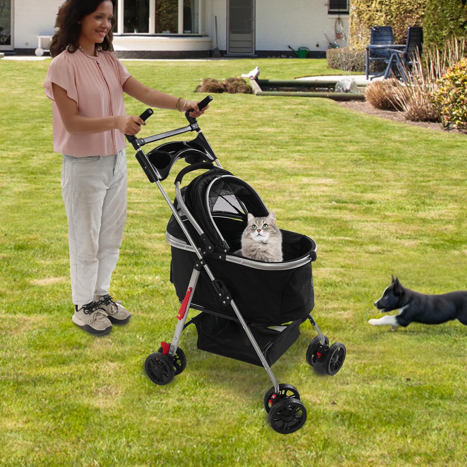 Cochecito plegable para perros, con ruedas universales, para gatos y perros pequeños, capacidad de carga de hasta 12 kg, tamaño del producto plegado 21,5 x 80 cm (negro)
