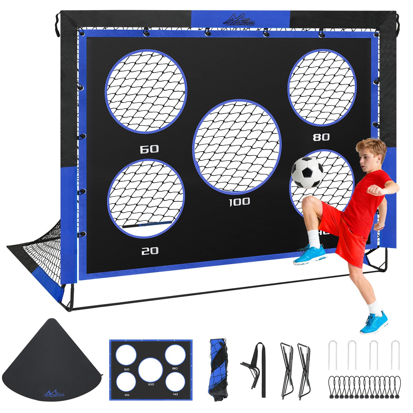MoKo Fußballtore für den Garten, 150×120 cm Großes Pop-up-Tornetz mit Zieltafel, Tragbare Fußballtrainingsausrüstung für Kinder zum Üben, Outdoor-Sportspiel, Schwarz+Blau