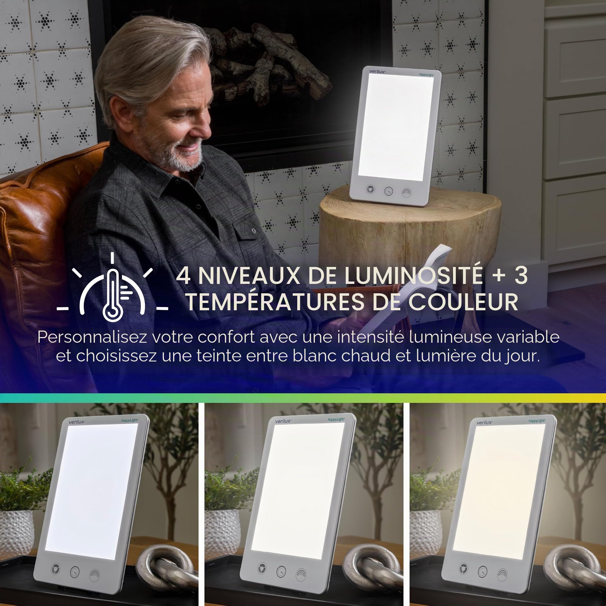 Verilux HappyLight Luxe – Lampe de luminothérapie 10 000 lux, sans UV, LED, réglable en luminosité et couleur, compte à rebours