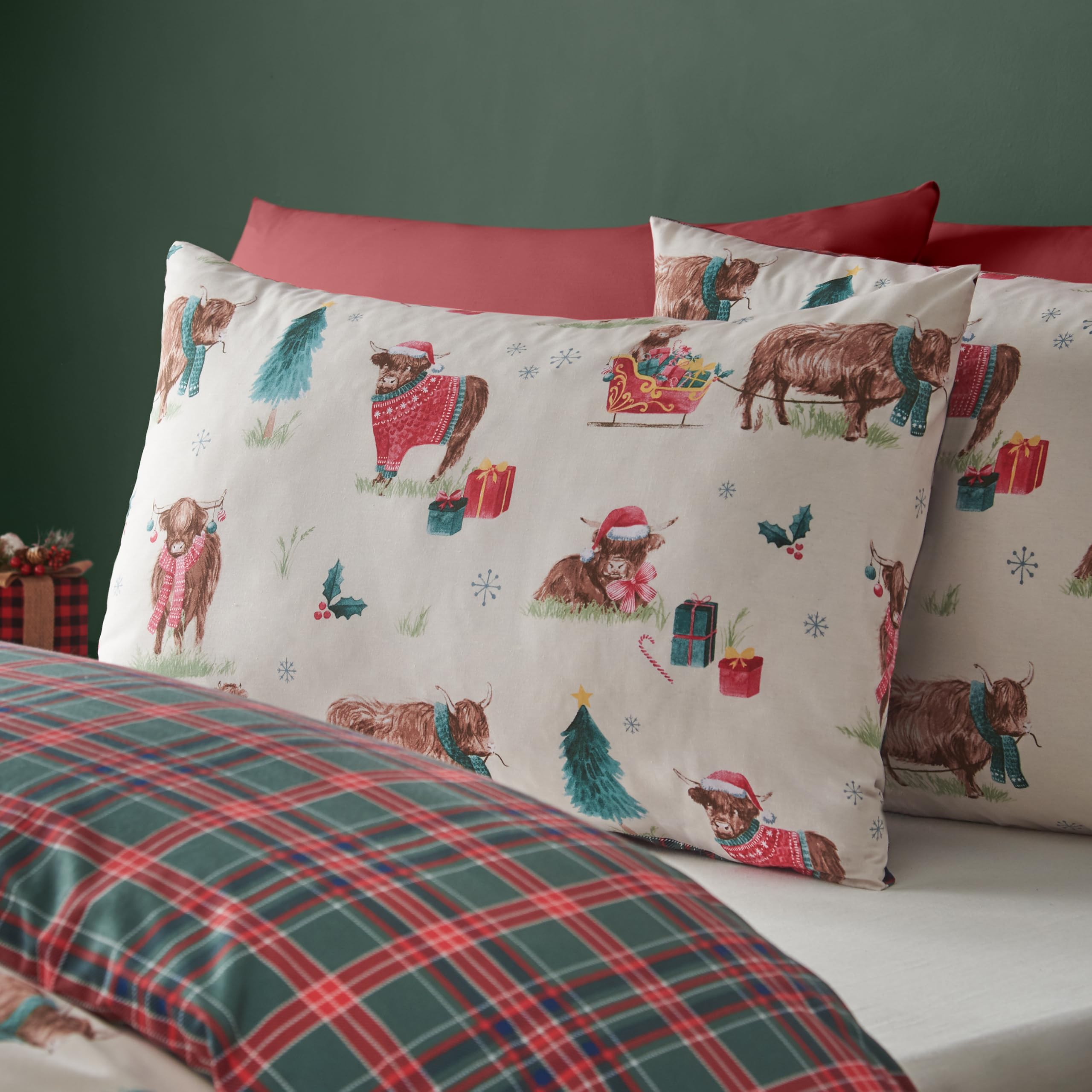 Catherine Lansfield Set copripiumino matrimoniale con mucca delle Highland natalizi, colore naturale