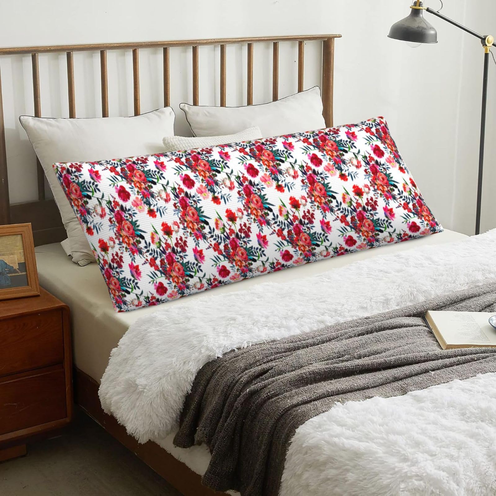 Floral Bright Chic Red Navy Bouquets, Body Pillow Cover with Zipper,Long Body Pillowcase 20 x 60 in