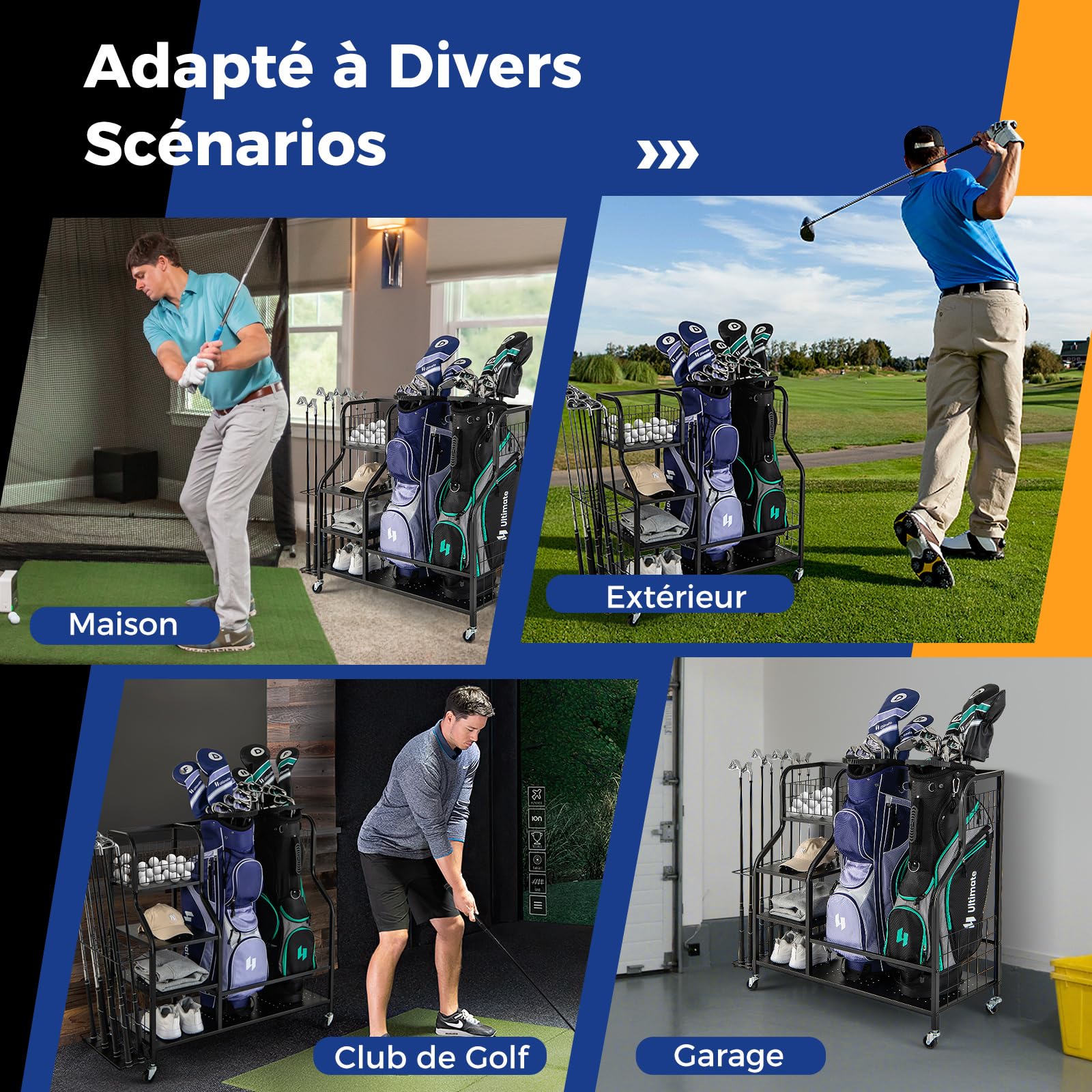 COSTWAY Organisateur d'Équipement Sportif avec Roues Amovibles, Support de Rangement pour 2 Sacs de Golf avec Support pour Clubs de Golf 6 Crochets, pour Garage Club sous-Sol