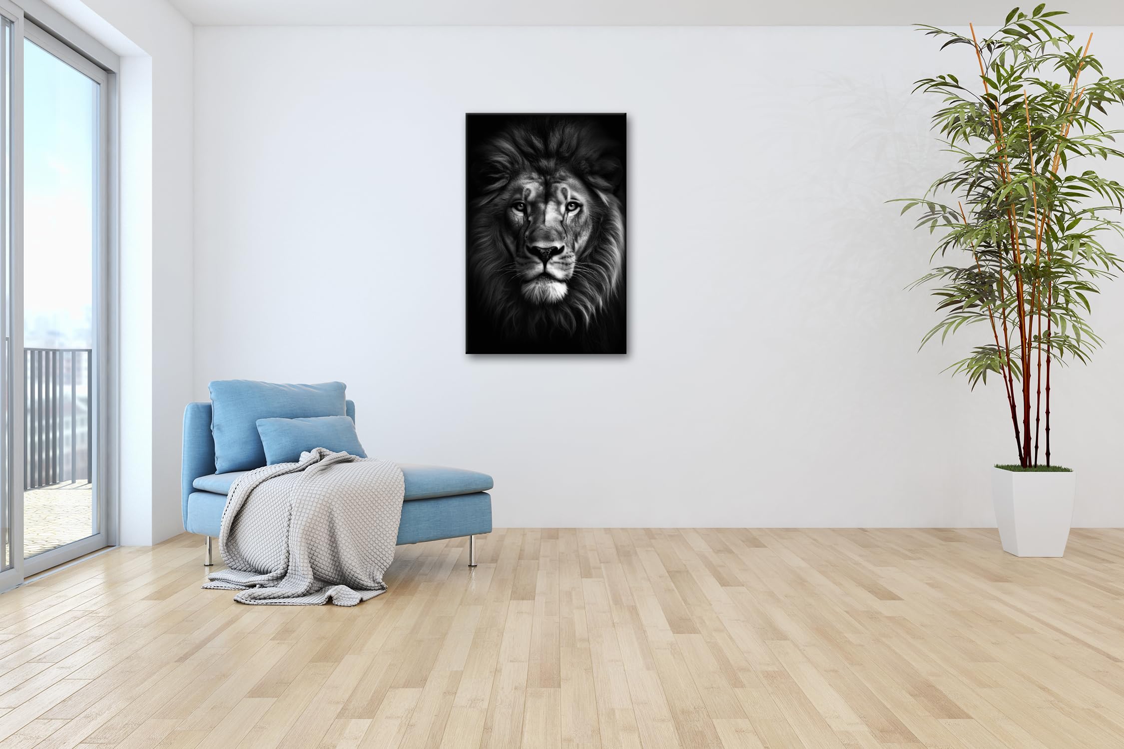 deyoli Leinwandbild Majestätischer Löwenkopf mit prachtvoller Mähne im Dunkeln Format: 120x80cm Effekt: Schwarz&Weiß XXL Kunstdruck Bild auf Keilrahmen/Wandbild/Wohnzimmer Dekoration