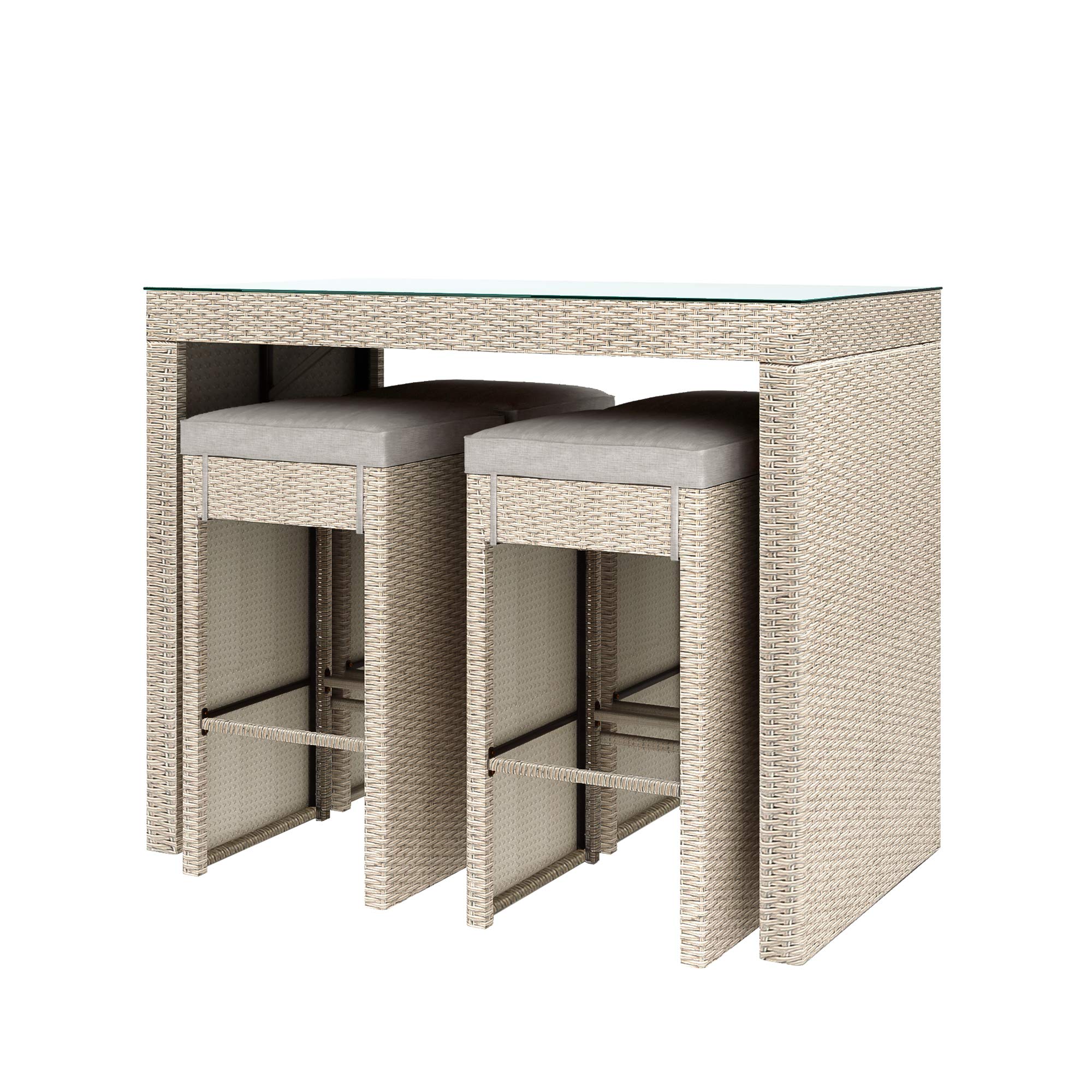 (box 2 of 2 ) BIADNBZ 5-Piece Outdoor Patio Dining Bar Table Sets with Counter Height Glass Tabletop, 4 Stools and Cushions, Wicker Furniture Conversation Suit for Garden Backyard, Brown