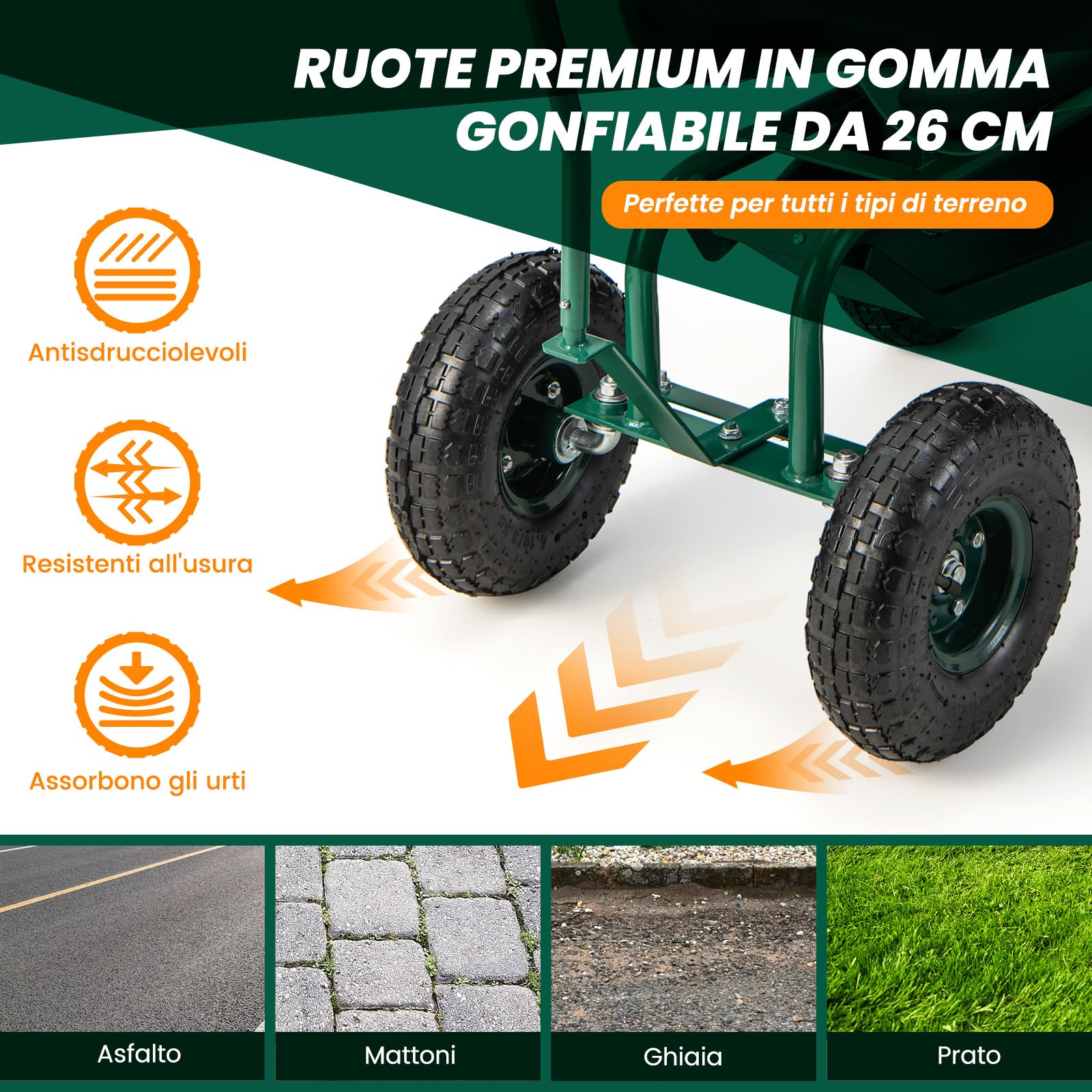 COSTWAY Sgabello per Giardinaggio con Ruote, Carrello da Giardino Regolabile in Altezza con Sedile Girevole a 360, Cuscino, 2 Maniglie di Sterzo e Vassoio Porta Utensili