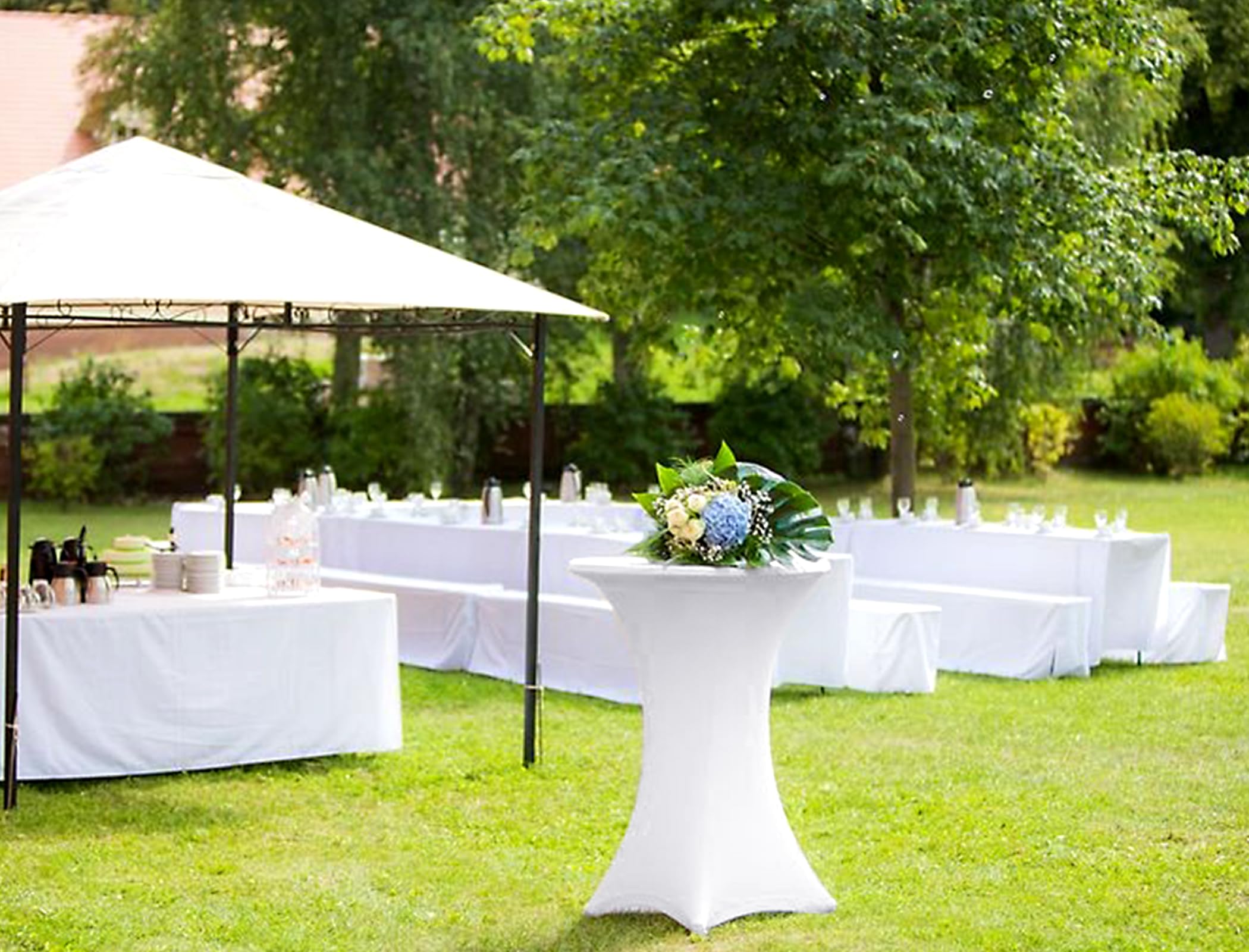 Paquete de 6 manteles elásticos de elastano con esquinas cuadradas de 80 x 110 cm, color blanco, para mesa alta, impermeables, para cóctel, bar, boda, cóctel, fiesta, banquete (blanco)
