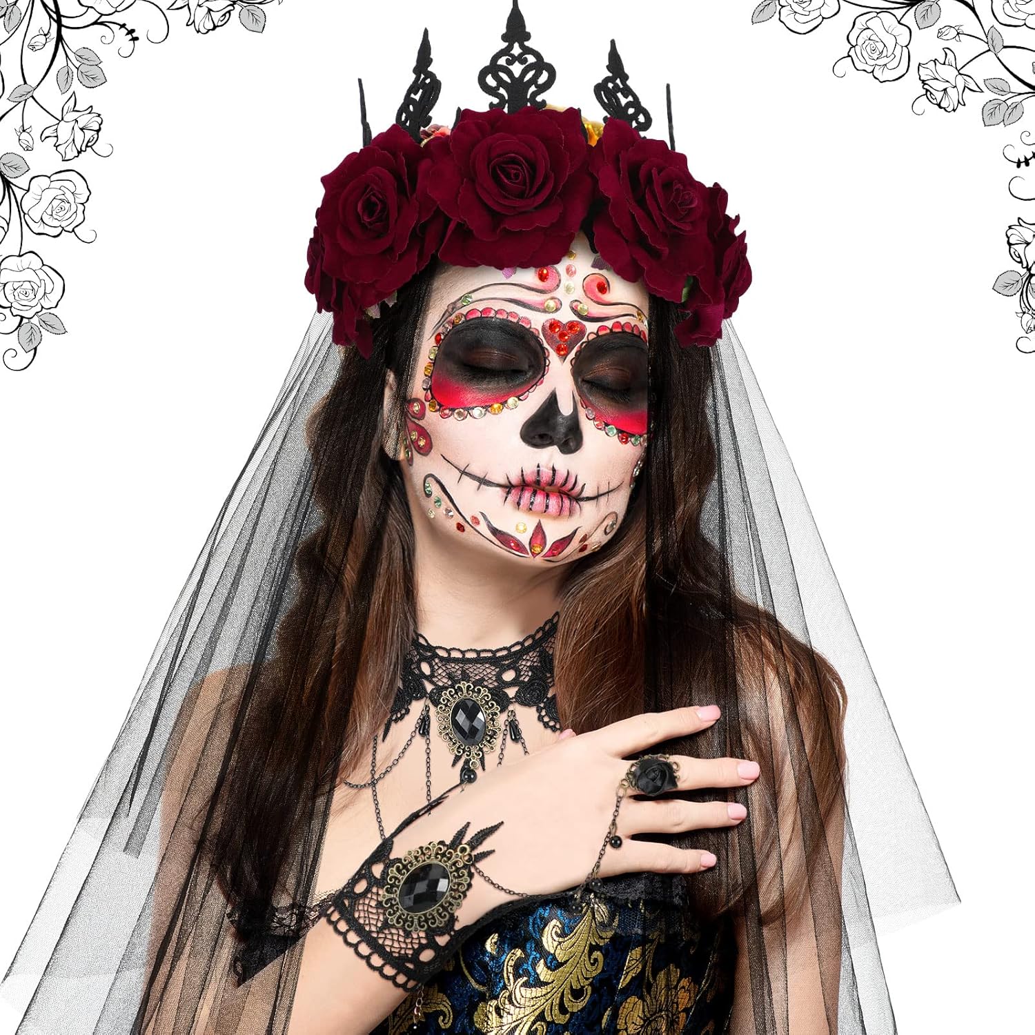 Dingion 5 Pcs Halloween Vintage Rose Floral Gothic Crown Headpiece Black Veil Black Choker Lace Necklace Bracelet Mesh Mantilla with Clip for Women Day of The Dead Costume Cosplay Party - Image 5