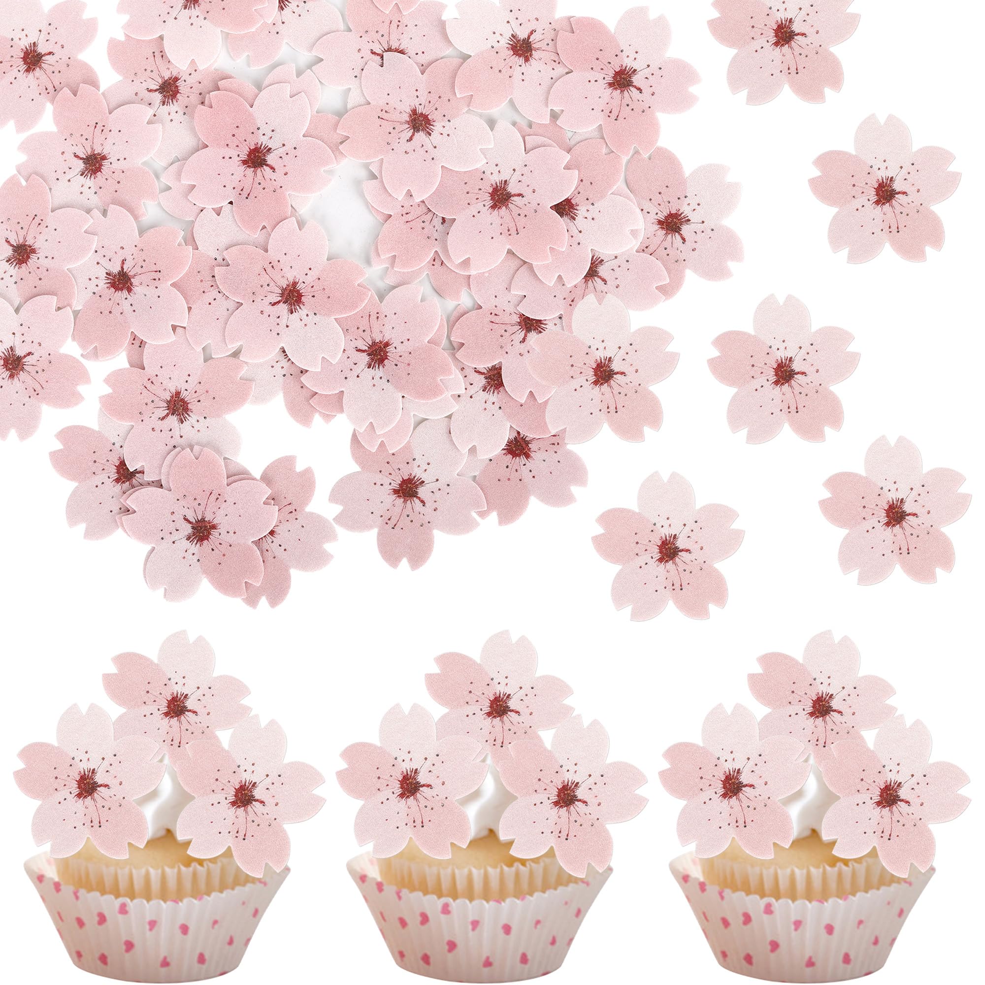 40 Pack Edible Cherry Blossom Cake Toppers Cherry Flowers Cupcake Toppers Rice Paper Wafer Paper Cake Picks for Cherry Blossom Theme Baby Shower Bridal Shower Kids Birthday Cake Decorations Pink