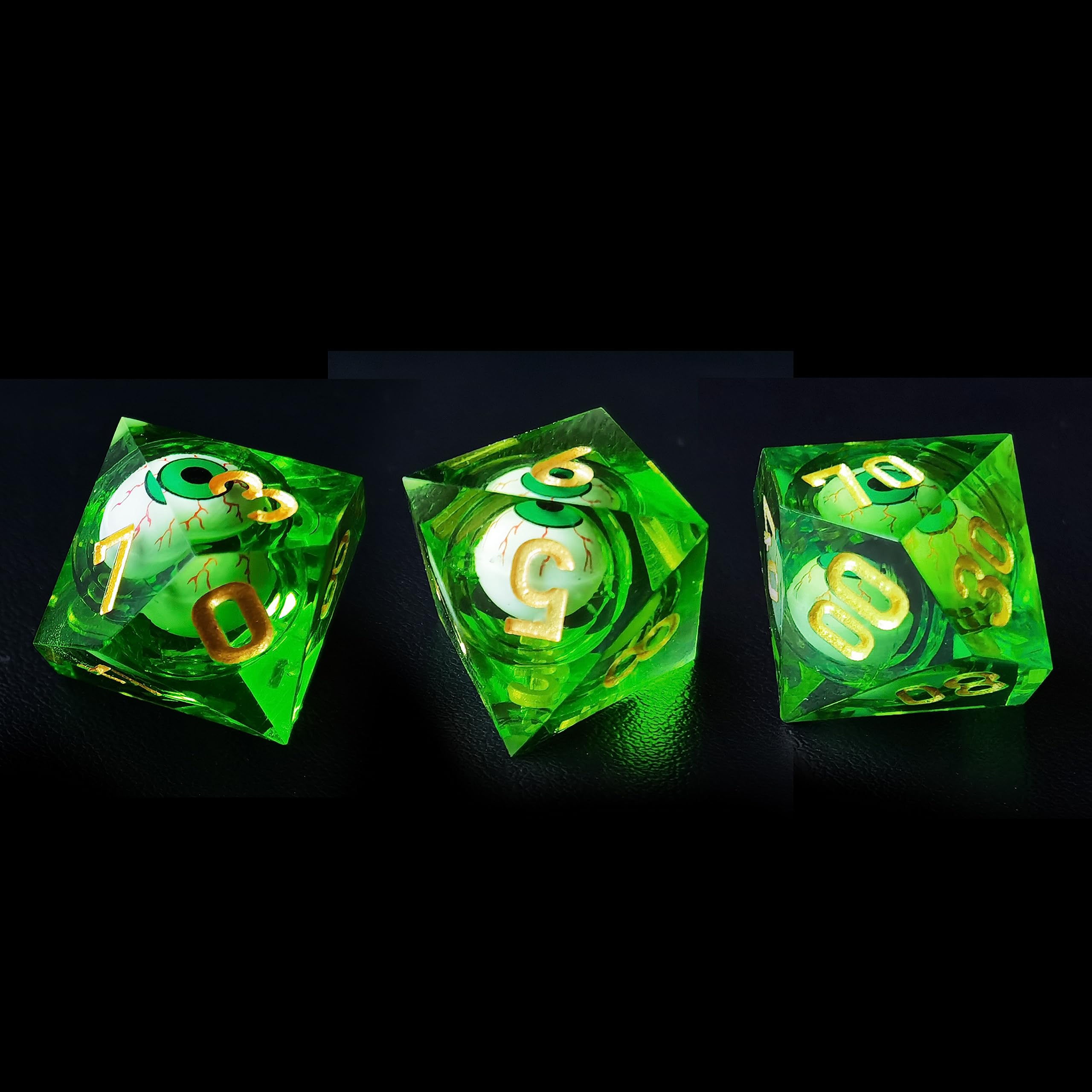 BESCON Sharp Edged Liquid Core Rolling Eyeball Polyhedral Dice Set – Razor Edge Polyhedral Dice with Rolling Eyeball Inside (7 szt. RPG Dice Set with Green Eye)