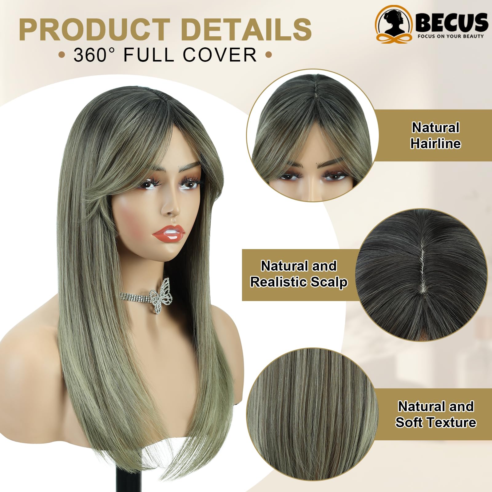 BECUS Hair Toppers for Women with Thinning 20 Inch Long Straight Synthetic 360° 3D Realistic Topper with Bangs Hair Pieces Fluffy Wispy Clip in Bangs (Ombre Light Brown) - Image 2