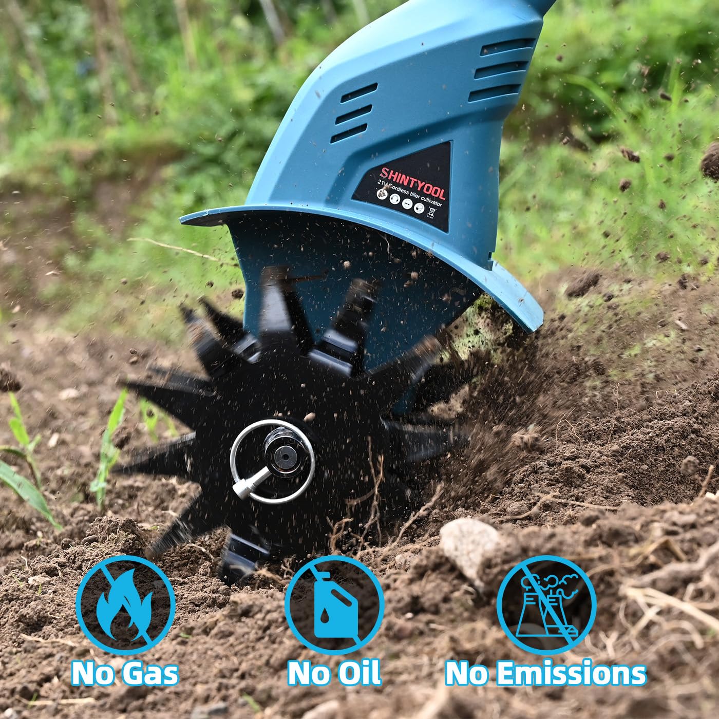 Cultivador inalámbrico de 21 V, 8 pulgadas de ancho y 4.0 Ah, cultivador de jardín con púas de acero y pantalla de capacidad de batería, roottiller para césped, jardinería, cultivo de suelo (azul