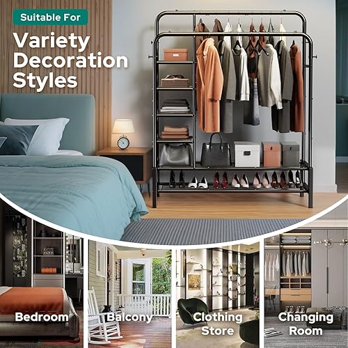 Vista 6 de Perchero de ropa de doble barra con 2 estantes inferiores y 4 estantes laterales, perchero de metal para colgar ropa, perchero resistente