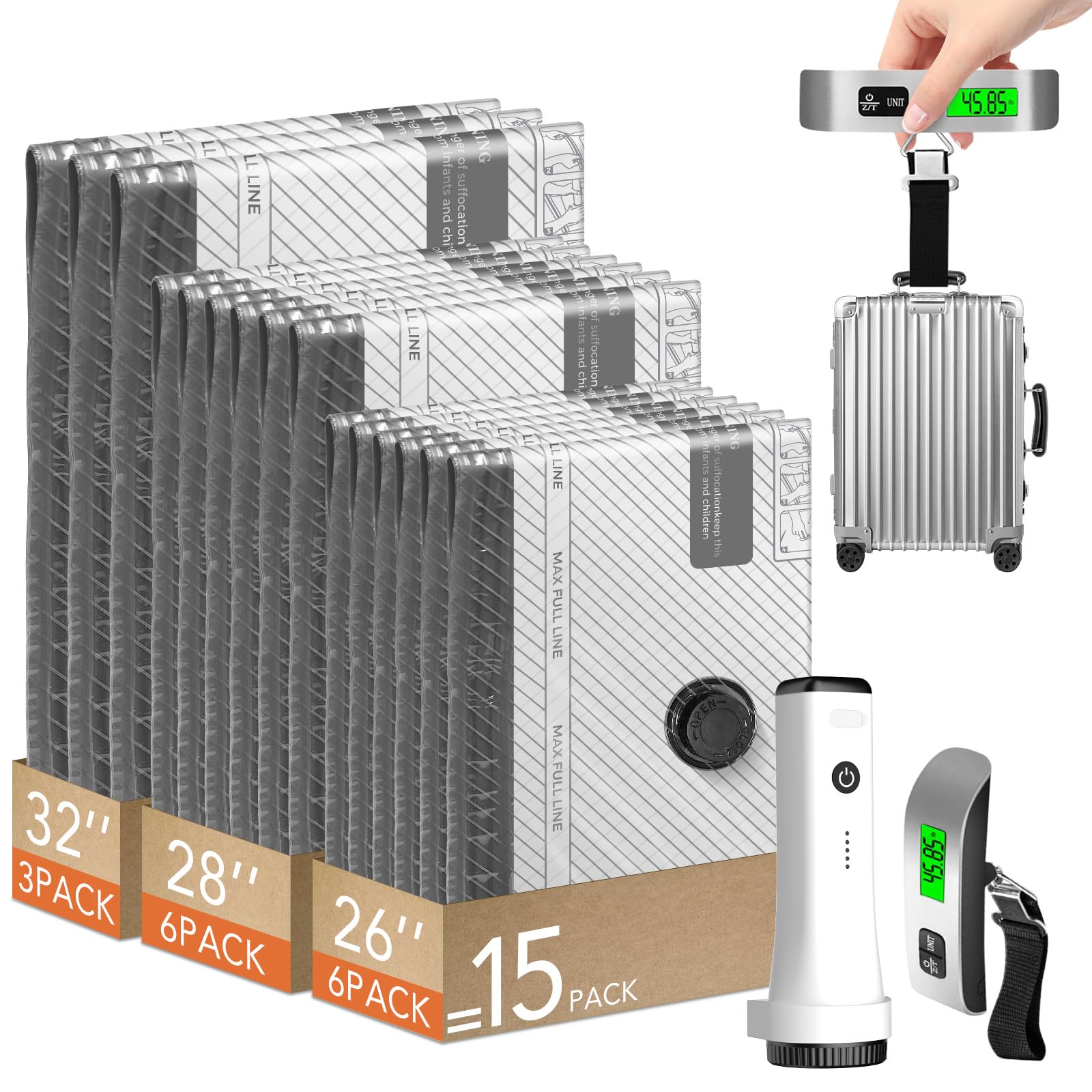 ANBIUX Lot de 15 sacs de rangement sous vide pour voyageurs, économiseur d'espace pour vêtements avec pompe électrique et balance à bagages, organisez et rangez facilement