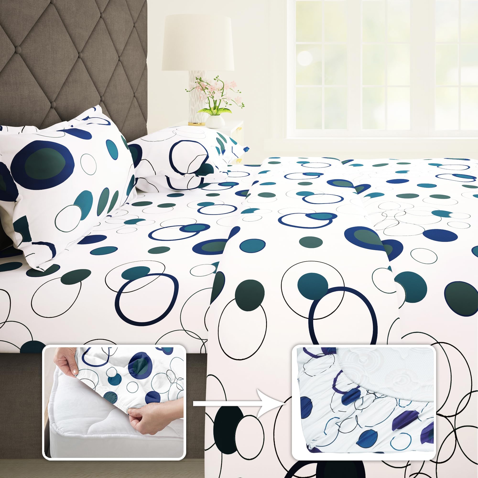 Story@Home | Bedsheet | Fitted Bedsheet for Double Bed,186 TC, Blue & White, Circles, 100% Cotton Fitted Bedsheets Queen Size Bed 152 x 182cm with 2 Pillow 46 x 69cm Covers Perfect for festive gifting (B0D5VCFNGH) Amazon Price History, Amazon Price Tracker