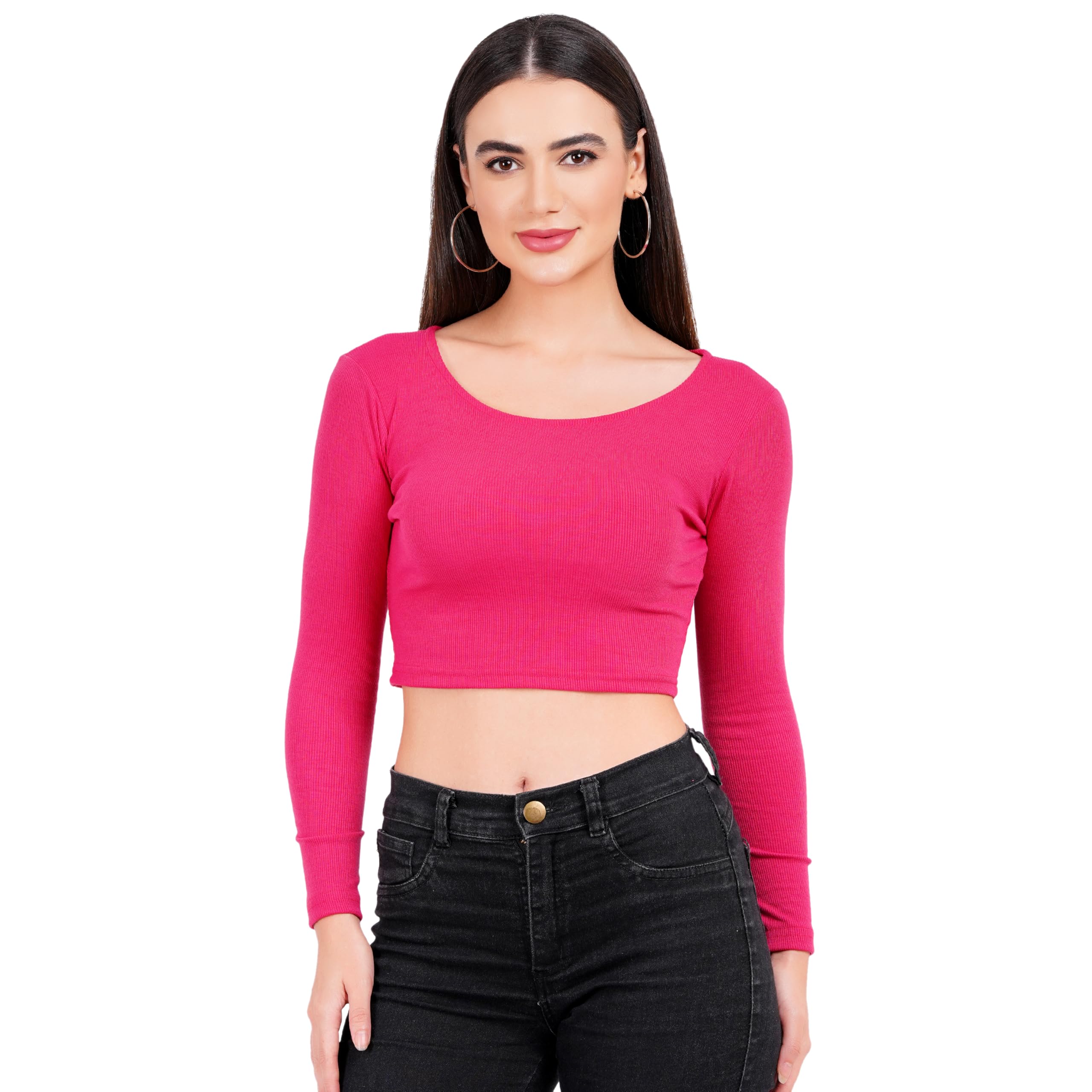 Printed Light Pink Crop Top for Women - Full Sleeves, Cotton, Boat Neck, Available in XS to L