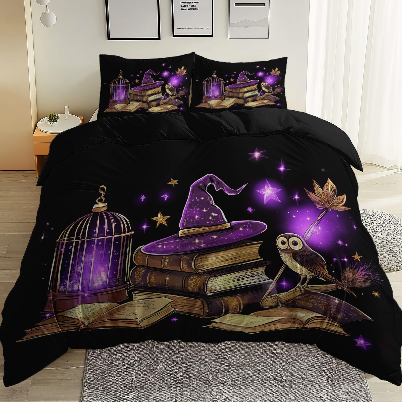 Set di Biancheria da Letto con Stampa Cartone animato Fantasy Tema Harry Potter, Copripiumino con Cerniera, 200 x 200 cm Incluso 2 Federe, Biancheria da Letto per Ragazzi e Ragazze, Nero