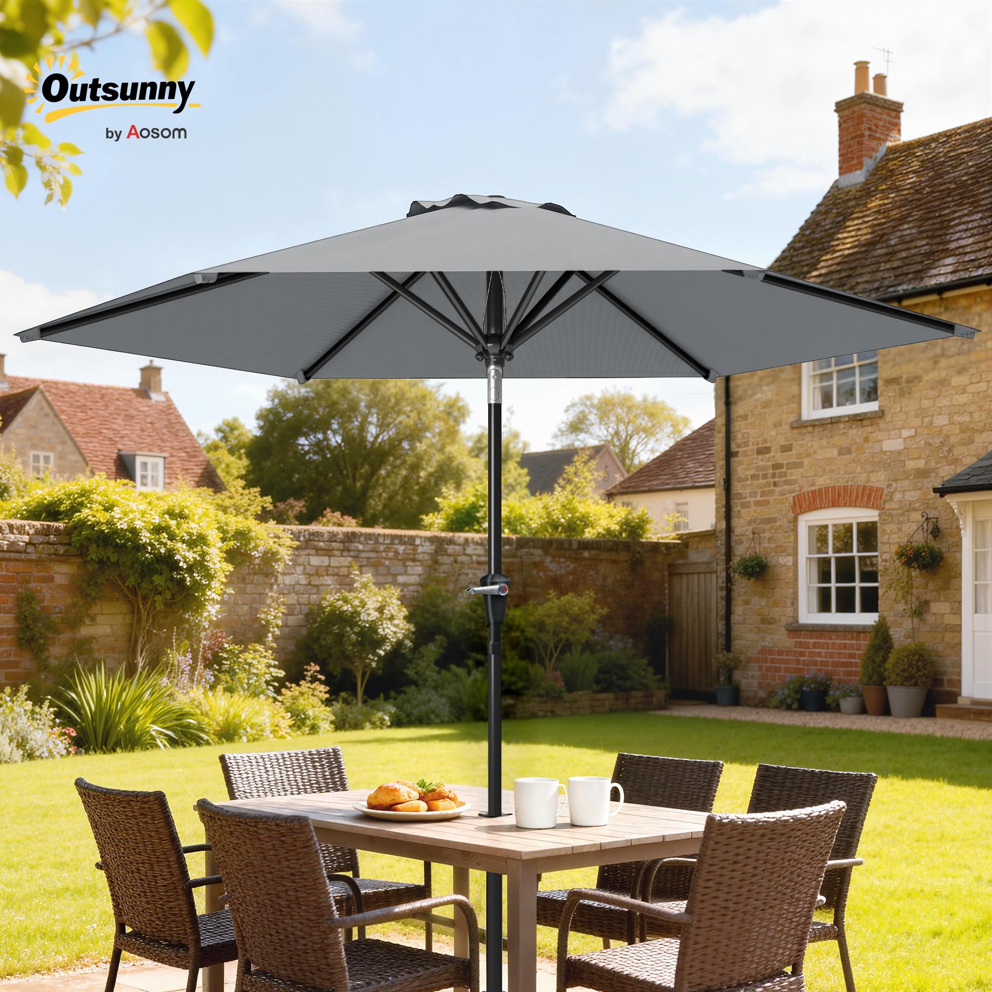 Outsunny Sombrilla Terraza Exterior Ø230 cm Sombrilla de Jardín con Ángulo Ajustable y Manivela Impermeable Parasol para Patio Terraza