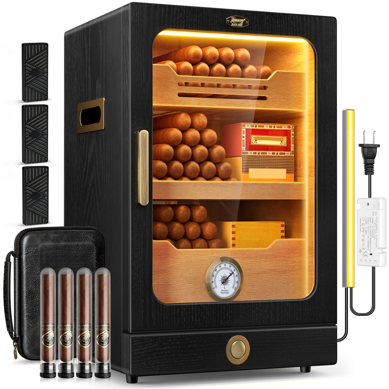 Cigar Humidor, Desktop Cigar Humidor Cabinet Light Control System with Spanish Cedar Wood Shelves, Hygrometer, 3 Humidifiers and Cigar Accessories Drawer, Father's Day Gift for Men (Black)