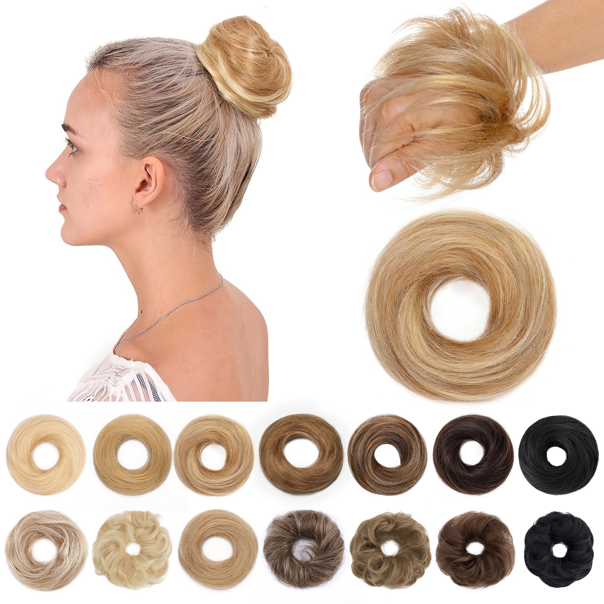 SEGO Human Hair Messy Bun Hairpieces Real Scrunchies Natural Wavy Smoothed Updo Donut Chignon Ponytail Extensions for Women Girls-#12P613 Golden Brown