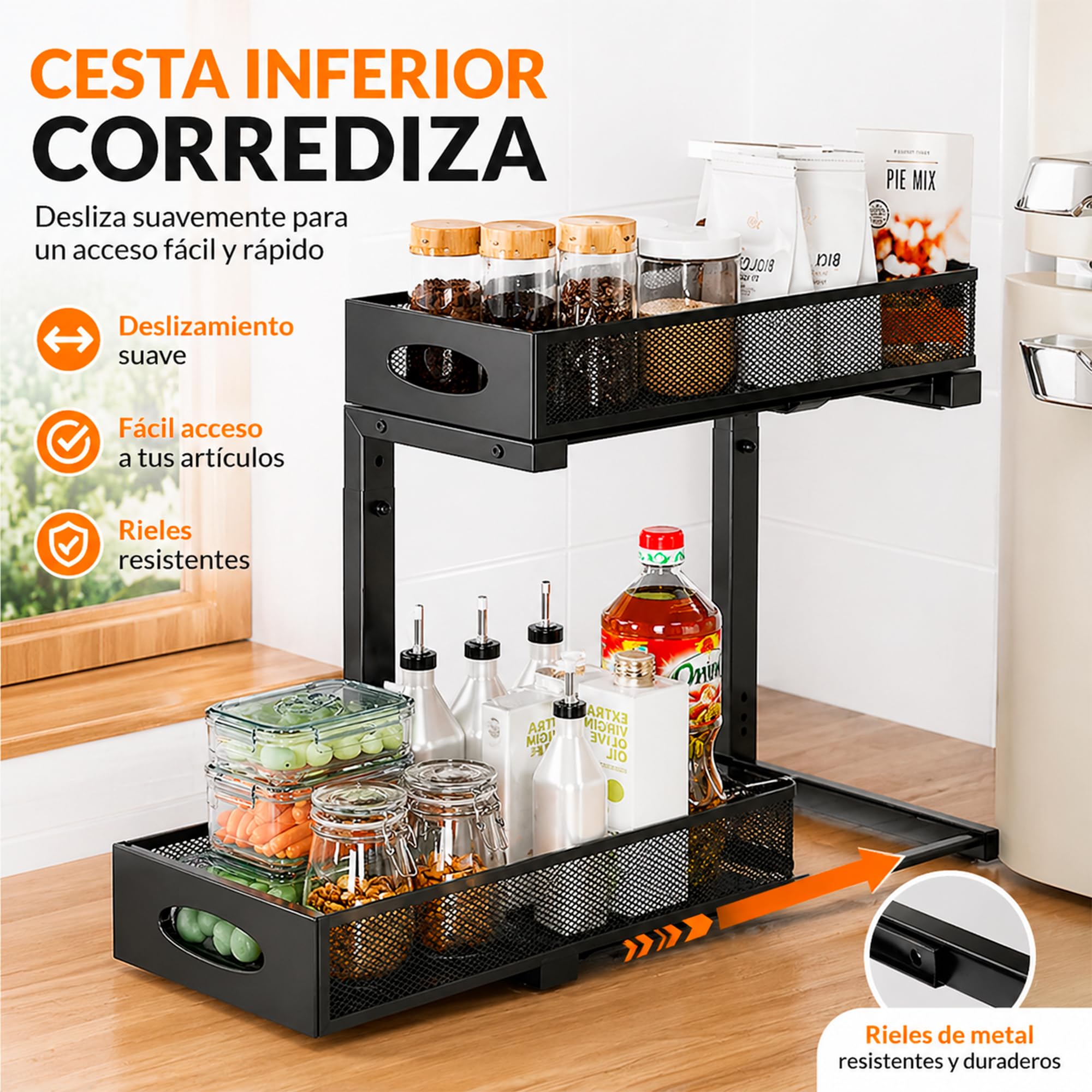 XARA Organizador Bajo Fregadero Metal Negro Pack 2 | Doble Altura, Bandejas Extraíbles