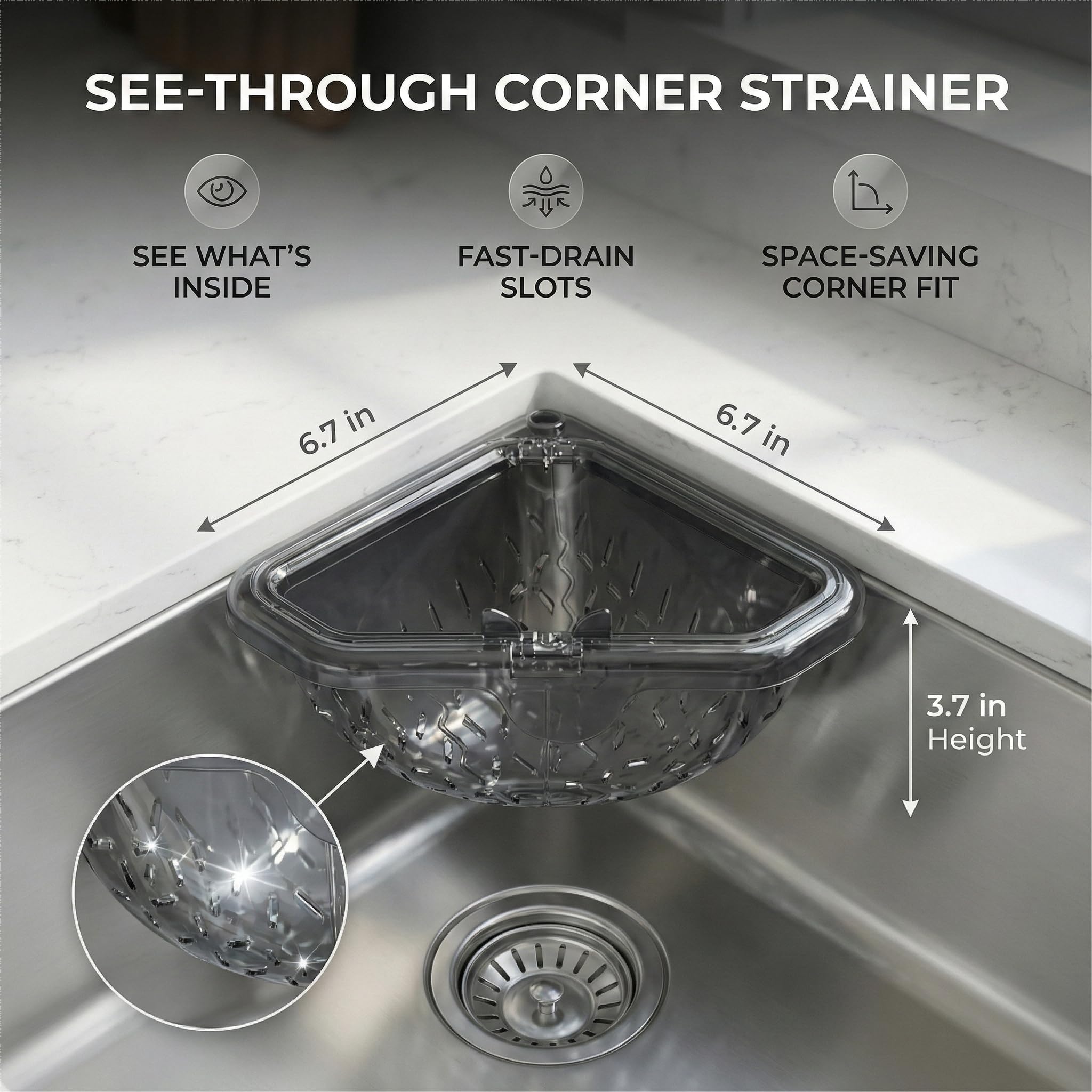 Magnetic Corner Sink Strainer Basket with Twist-Open Bottom, 6.69" Triangular Drain Rack for Food Scraps, Sponge Holder & Quick-Rinse Produce Basket, No-Drill Mount with Adhesive Metal Plate, ABS (1) — view 7