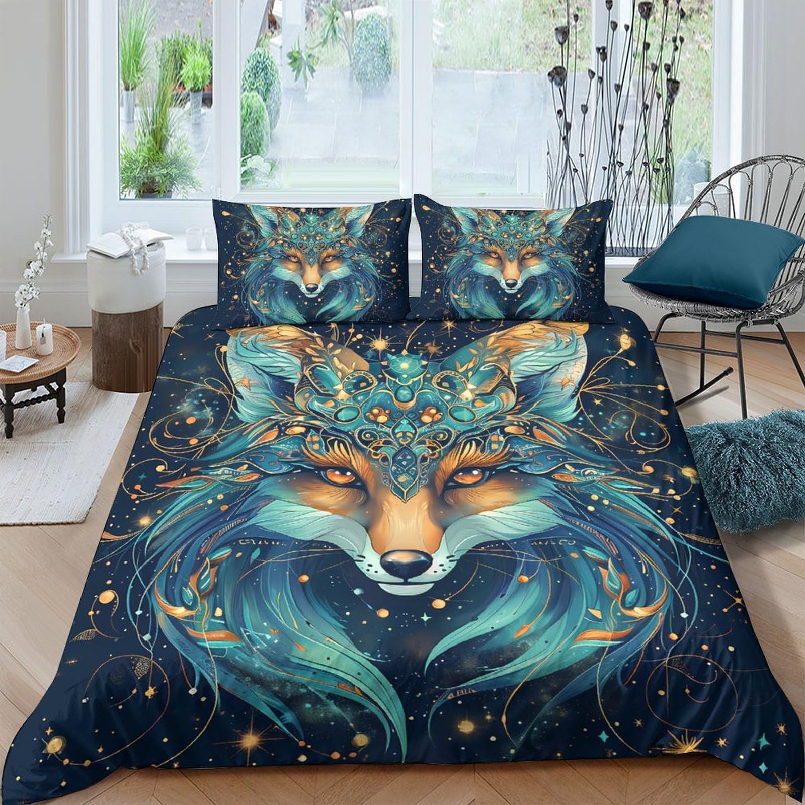 Ctjqhvkz Style-3 3D Printed Fantasy Fox Fitted Sheet Microfiber Bedroom Decor Blue Orange Art Mattress Cover For Home Dorm Single（135X200cm）