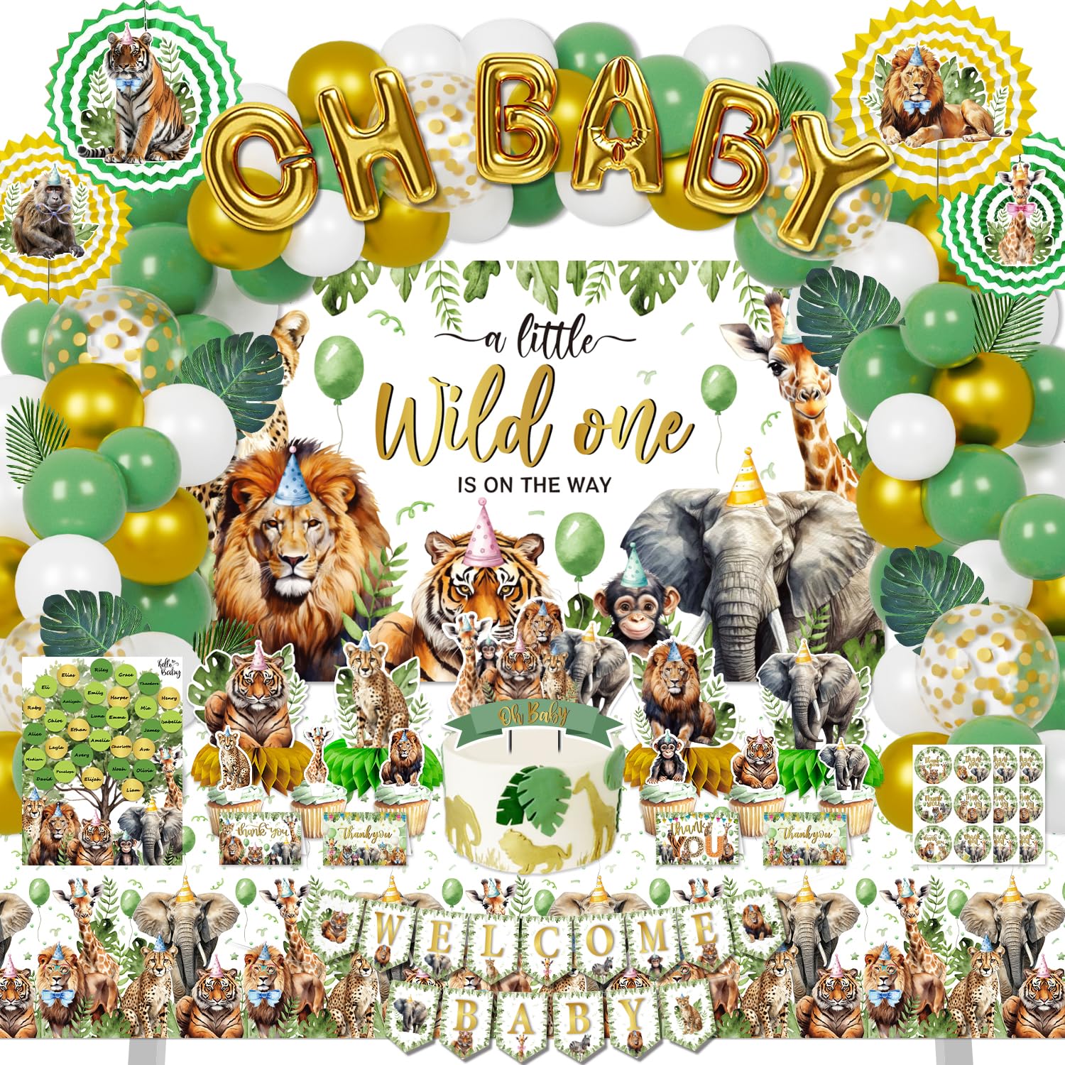 Mpanwen Safari Jungle Baby Shower Decorations, 187Pcs a Wild One Is On The Way Animal Party Supplies Decor for Boy Girl Baby Showers - Banners,