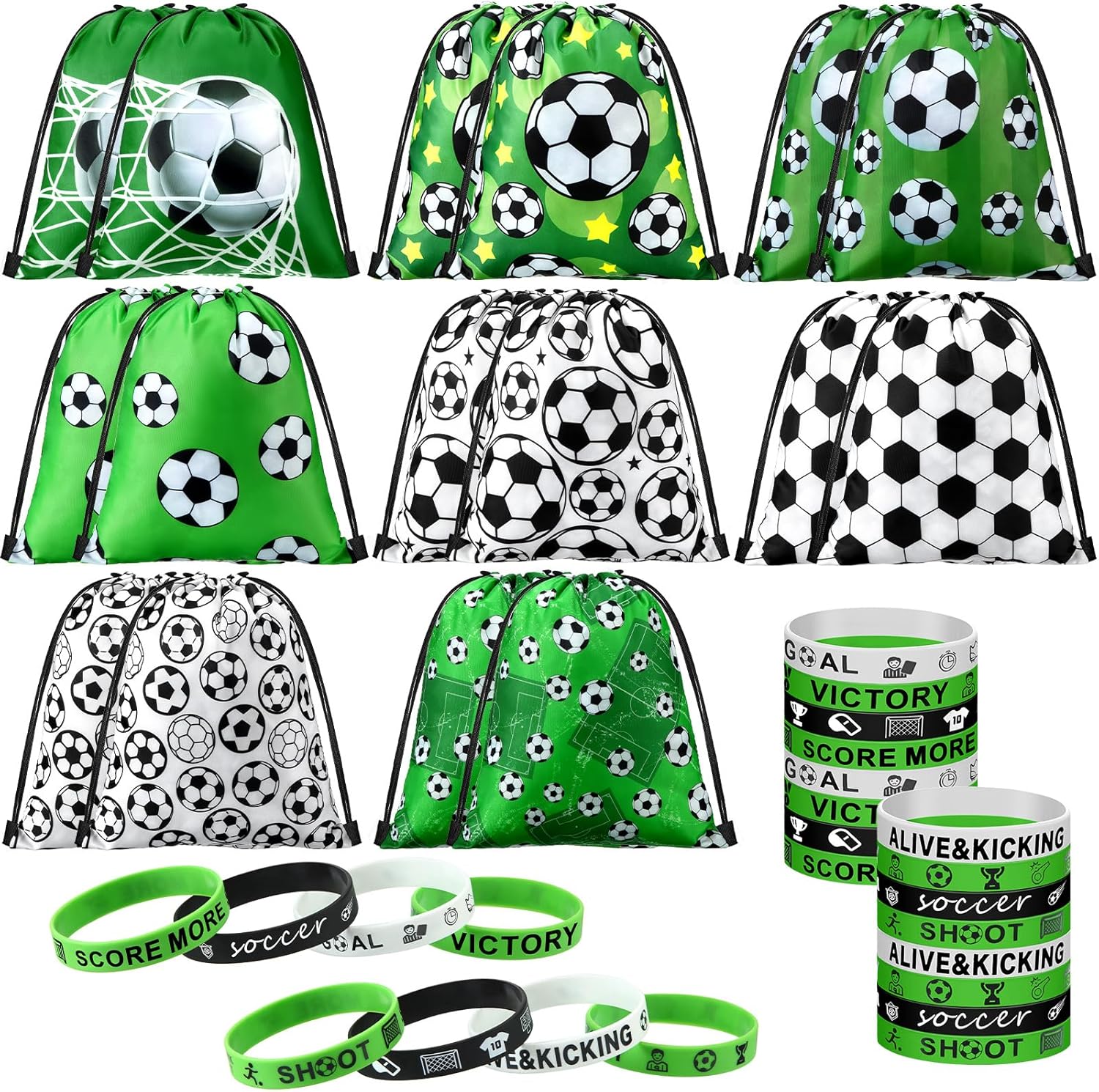 Sadnyy 32 Pcs Soccer Party Favors Set Include 16 Drawstring Goodie Bags 16 Silicone Wristband Snack Treat Candy Bags for Birthday Party Team Gift Stuffers Supplies