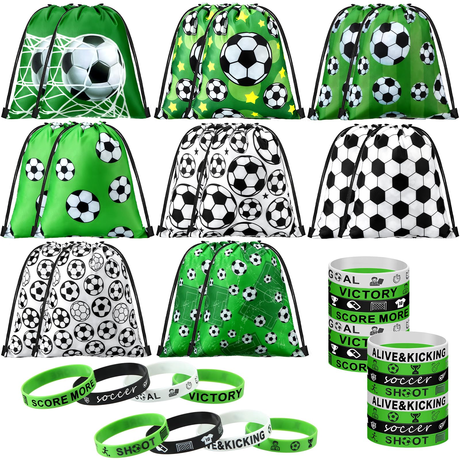 Sadnyy 32 Pcs Soccer Party Favors Set Include 16 Drawstring Goodie Bags 16 Silicone Bracelets Wristband Snack Treat Candy Bags for Birthday Party Team