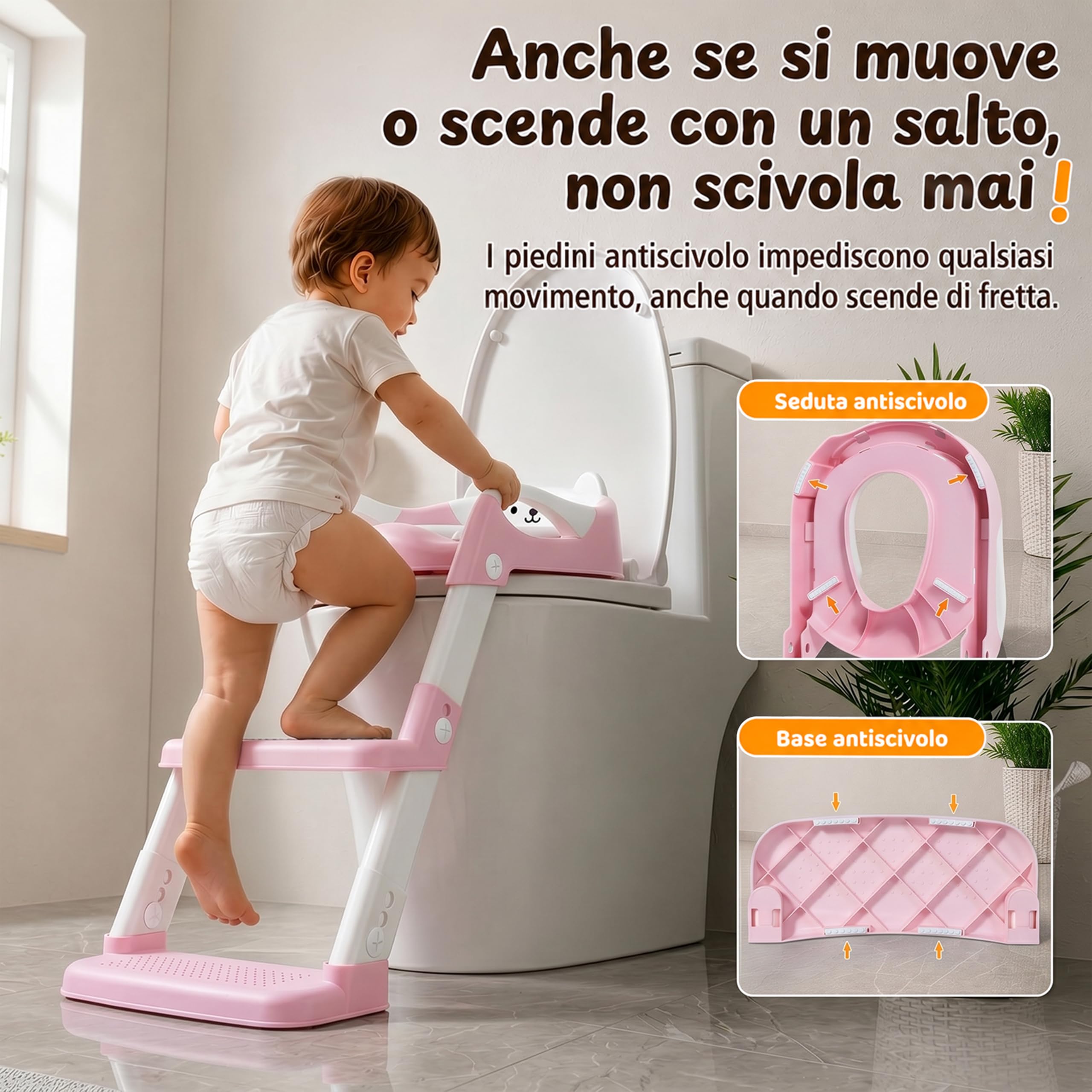 Riduttore WC Bambini, Stabile con Pedale e Maniglia, Rosa | Pedale Allungato e Antiscivolo, Facile da Montare e Riporre, Altezza Regolabile, Antischizzo Per Bambini E Bambine In Bagno