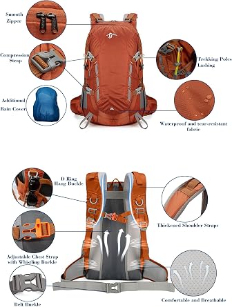 Long Keeper Hiking Backpack - Waterproof 40L Camping Daypack with Rain Cover Lightweight Outdoor Sport Backpack for Treking Climbing Skiing Cycling Travel
