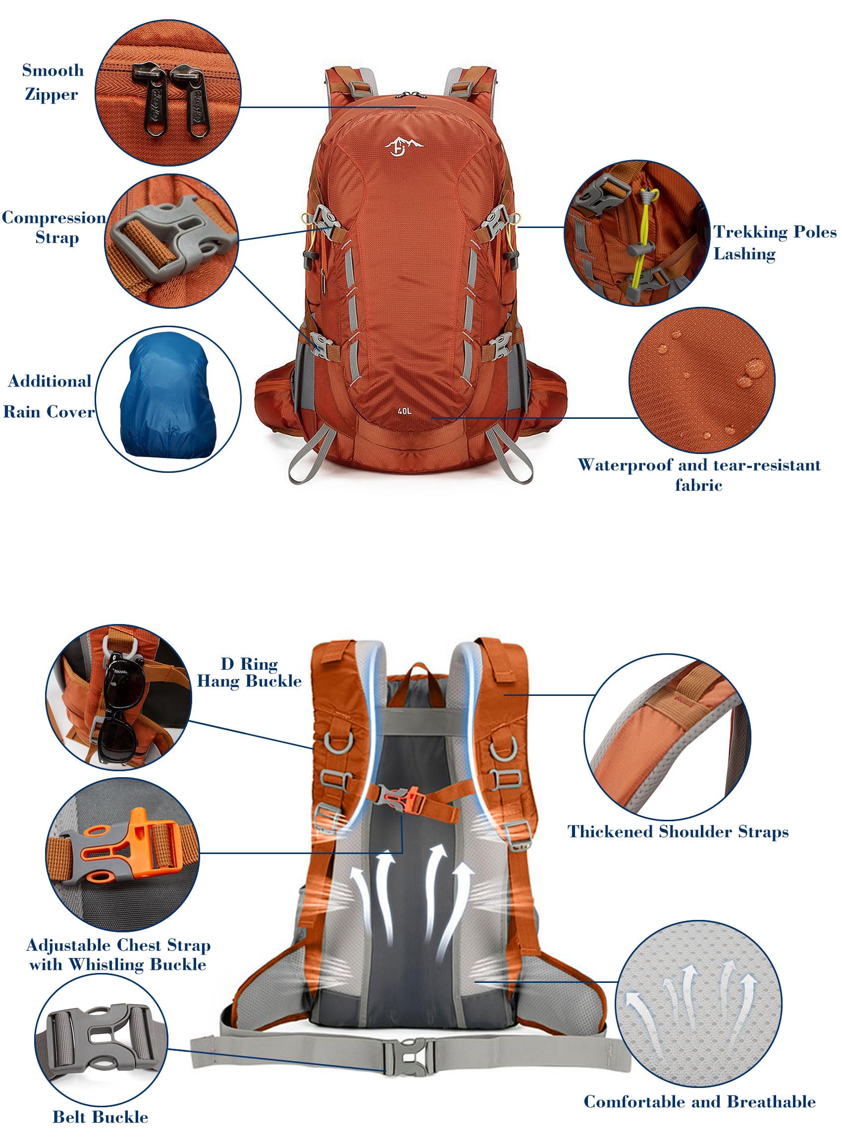 Long Keeper Zaino Trekking - Impermeabile 40L Campeggio Zainetto con Copri Pioggia Leggero Zaino Montagna Zaino di Sport Esterno per Arrampicata Sci Ciclismo Viaggi