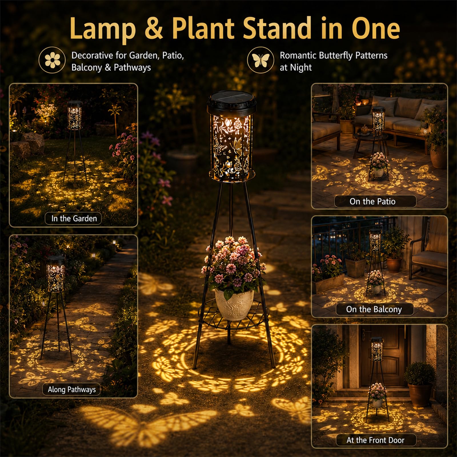 Solarlampe d’extérieur pour jardin, 1 pièce lampadaire solaire papillon avec support pour plantes, lampe décorative de jardin résistante aux intempéries, adaptée pour terrasse, jardin, cour et allées