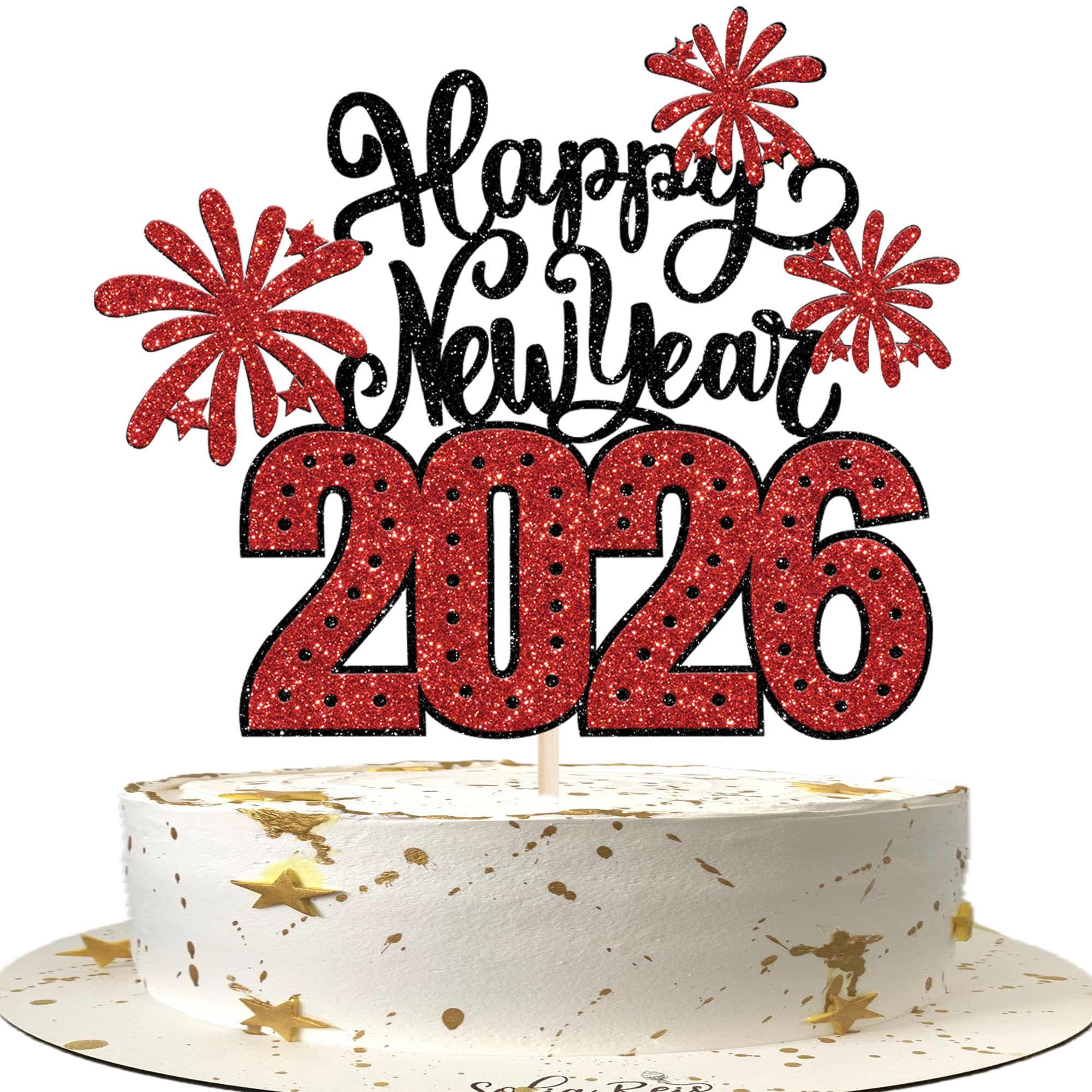 1 Stück 2026 Happy New Year Cake Topper Glitzer Hallo 2026 Feuerwerk Tortendeko Gutes neues Jahr 2026 Kuchen Deko für Willkommen 2026 Frohes Neues Jahr Party Torten Dekoration Rot