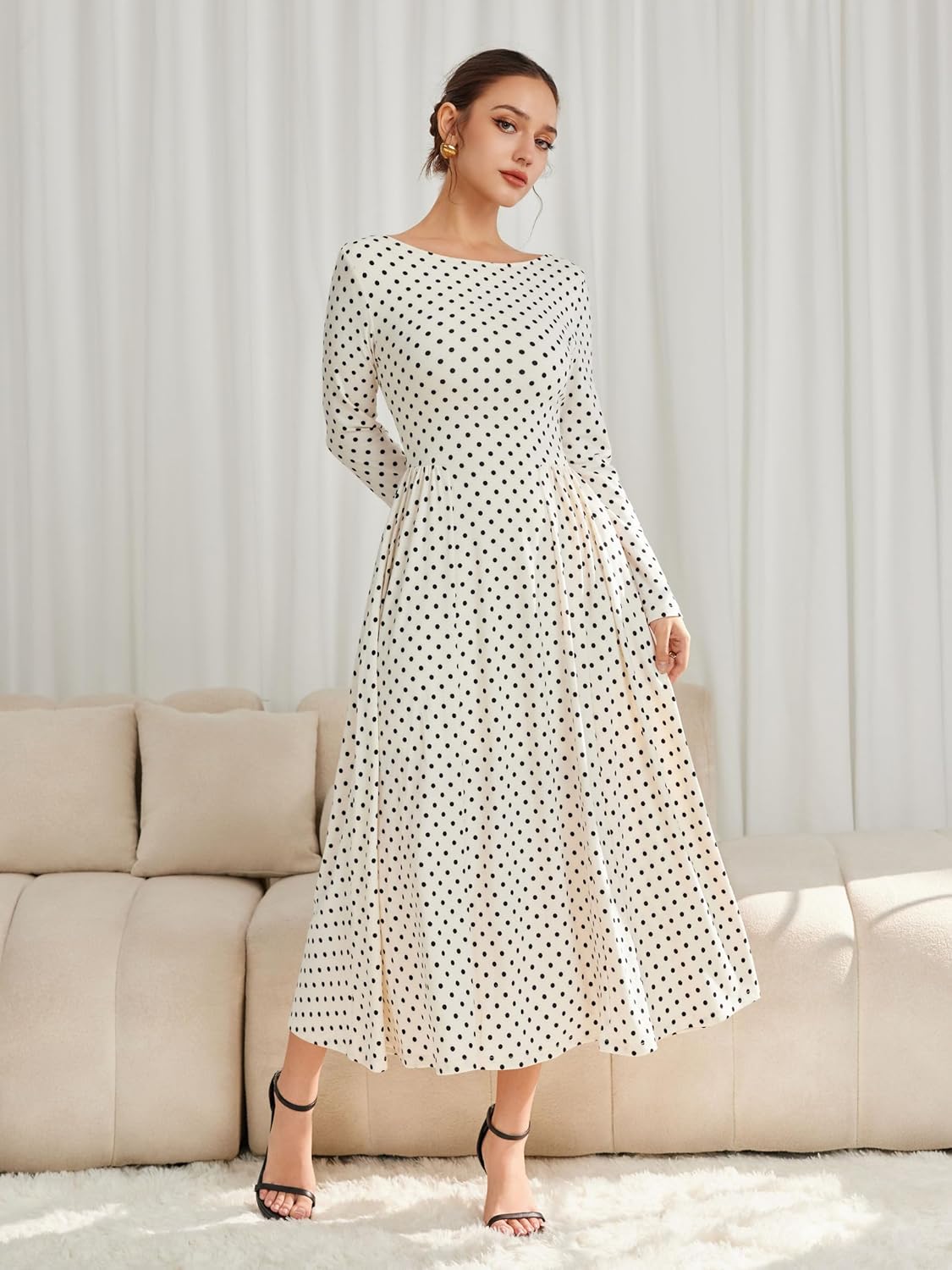 CIDER Women's Polka Dots Maxi Dress Long Sleeve A Line Elegant Square Neck Casual Dress with Pockets - Image 3