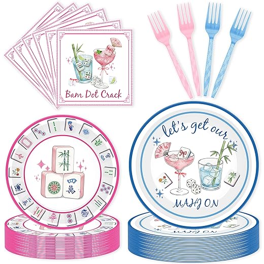 96 Pcs Mahjong Party Supplies, Let’s Get Our Mahj On Plates Napkins Forks for 24 Guests, Bam Dot Crack Pink Blue Tableware Set for Mah Jongg Game Night Birthday