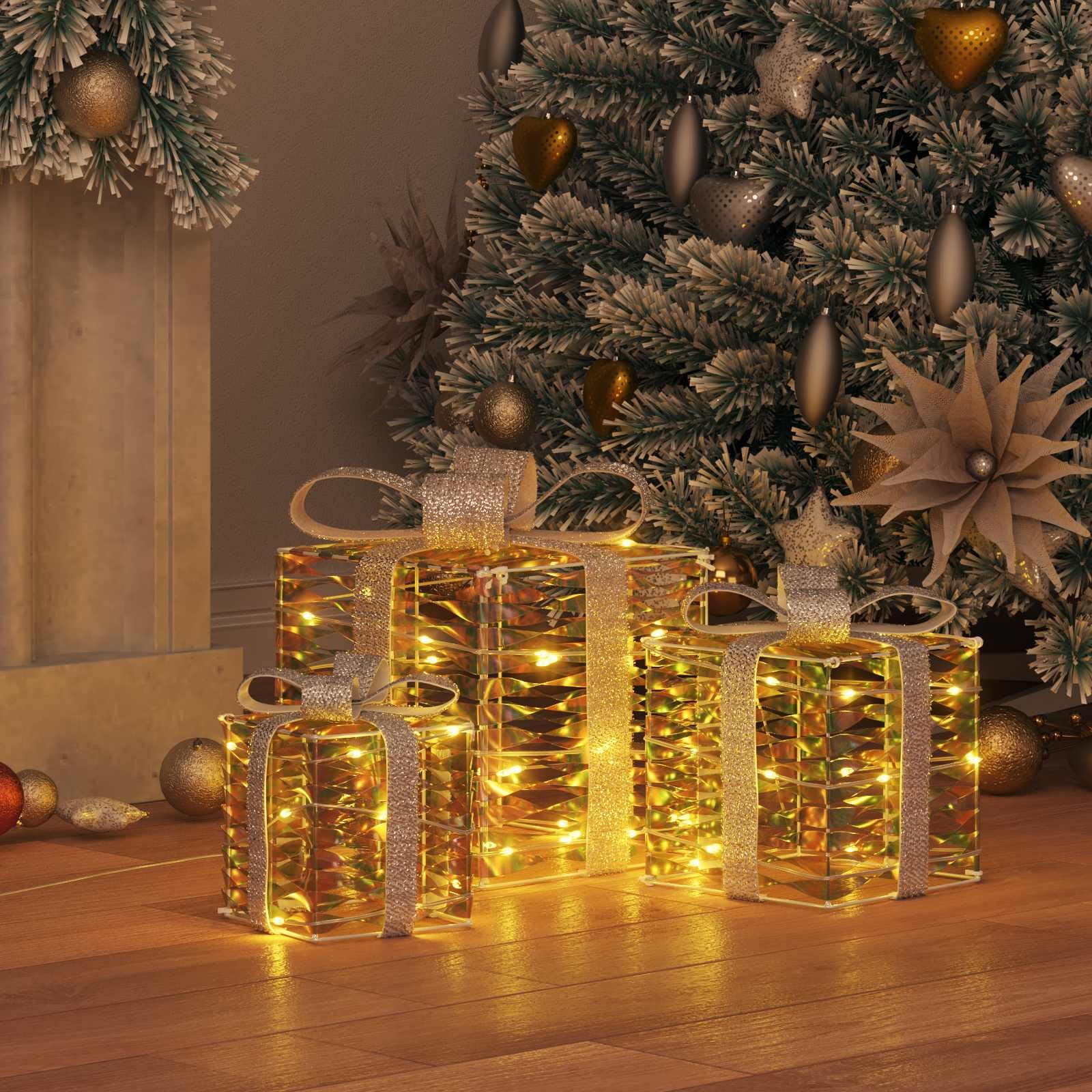 Pudełko prezentowe z 60 diodami LED, 3 sztuki ciepła biel, 20 x 20 x 20 cm, PET, dekoracja bożonarodzeniowa do wnętrz, zasilanie USB, trwałe, energooszczędne, świąteczny nastrój
