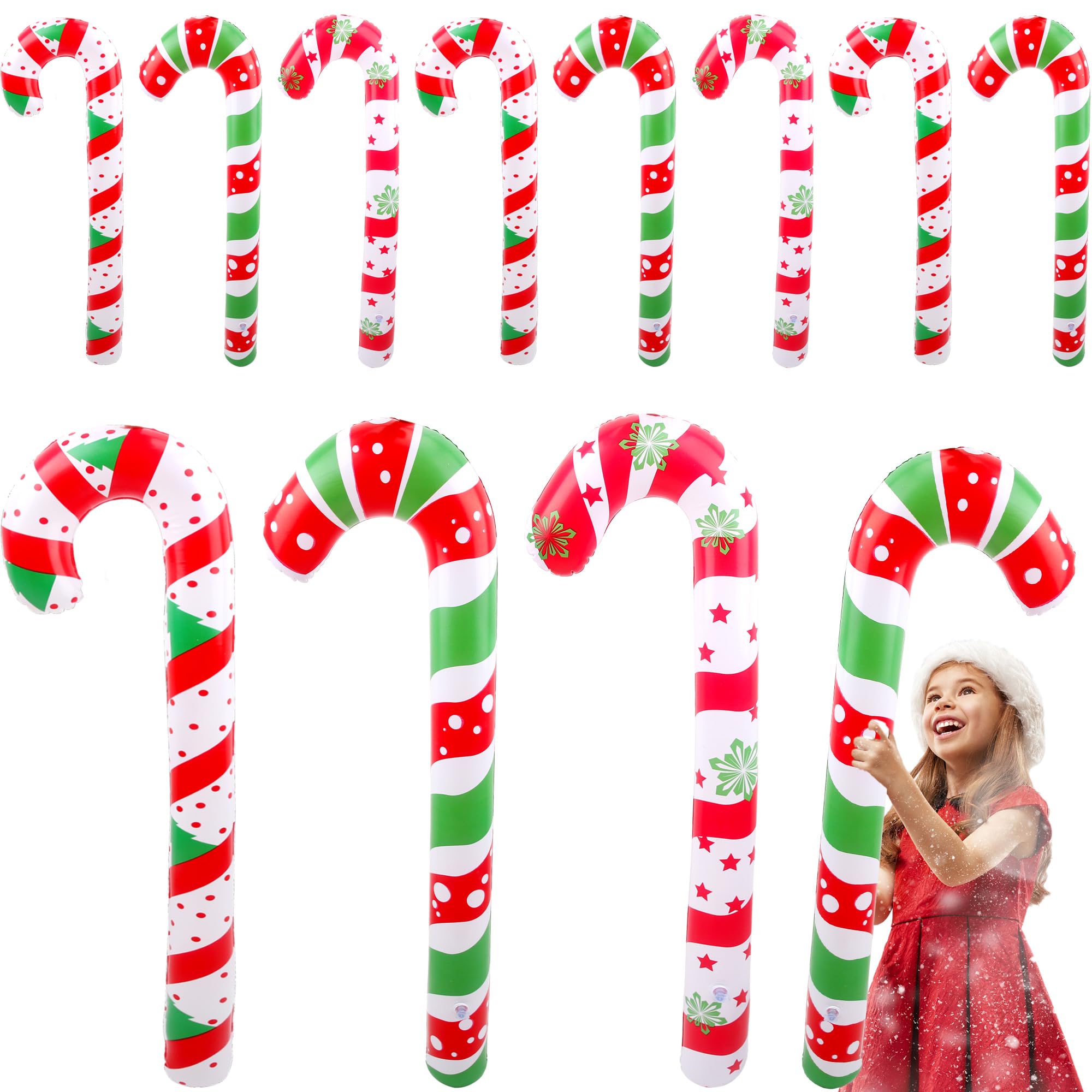 12 Pcs 35 Inch Christmas Inflatable Candy Canes Large Blow Up Candy Canes for Christmas Indoor Outdoor Party Yard Decorations, 3 Patterns