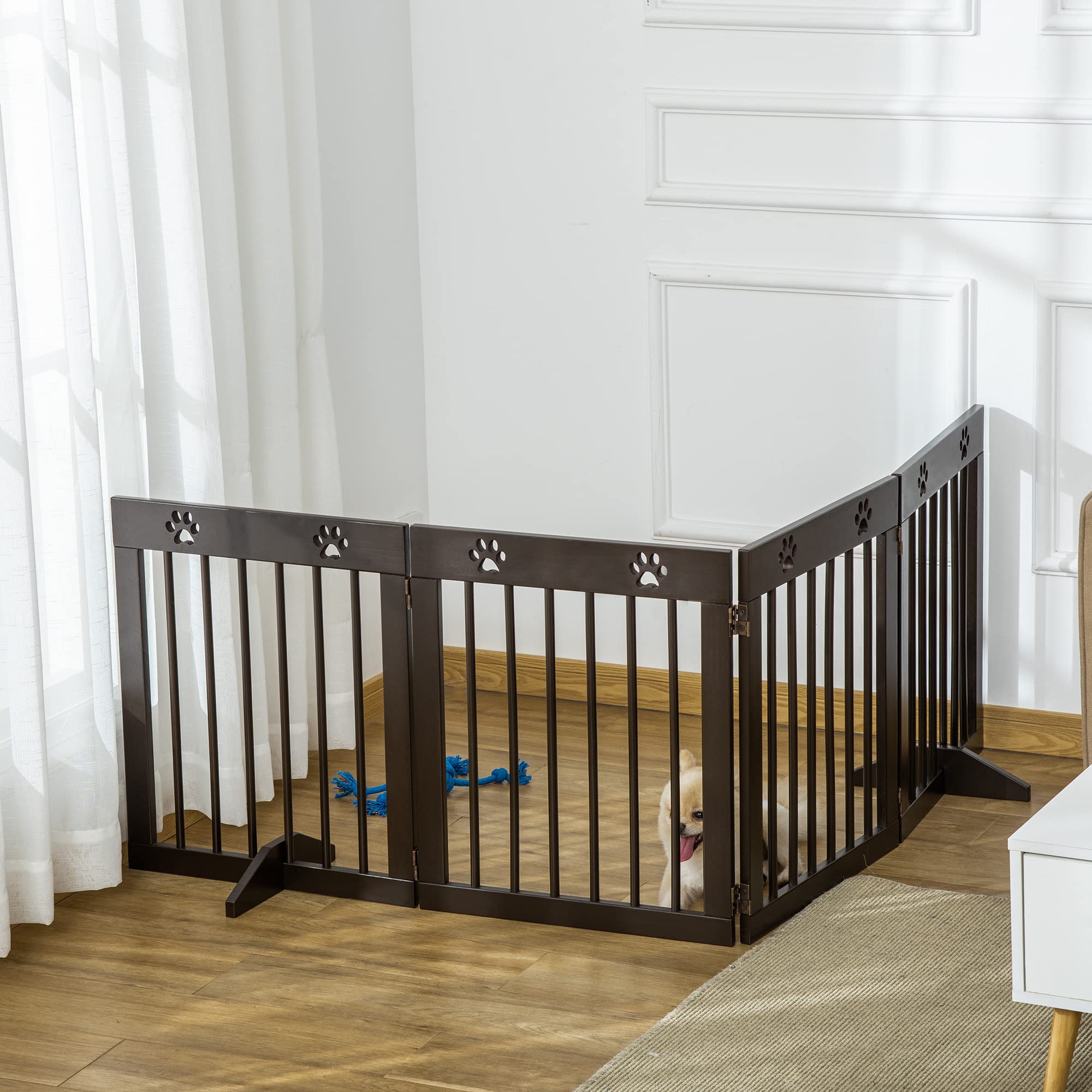 PawHut Cancellino per Cani Taglia Piccola in Legno Pino 204x30x61cm Marrone | Pieghevole, Piedini Rimovibili, Cancelletto di Sicurezza