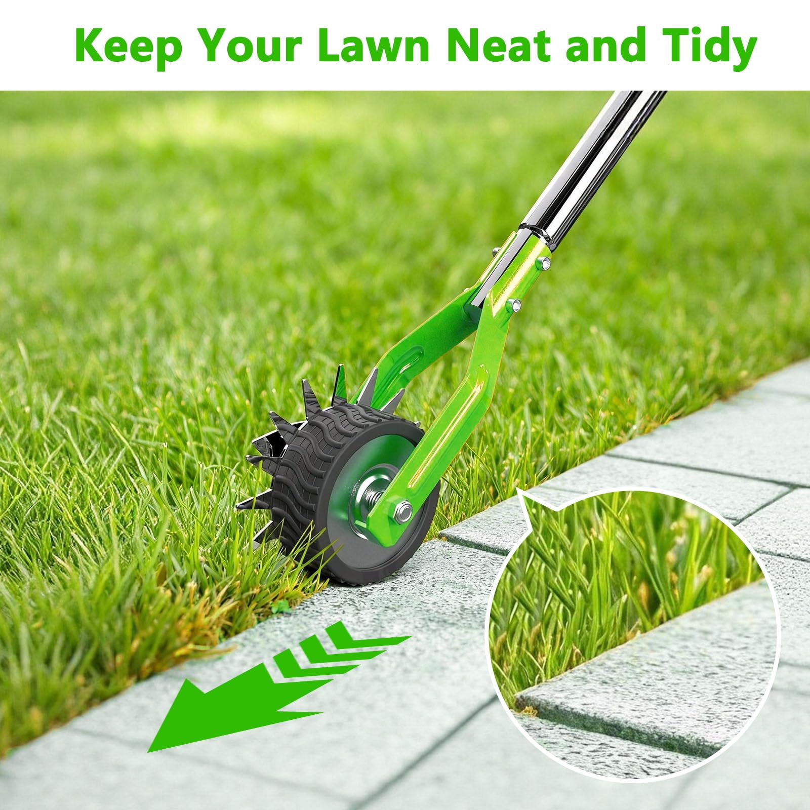 Edger Lawn Tool - 67 inch Wheel Rotary Lawn Edger with Adjustable Stainless Steel Handle, Grass Edge Trimmer for Sidewalks, Driveways & Landscaping (Green) - 5
